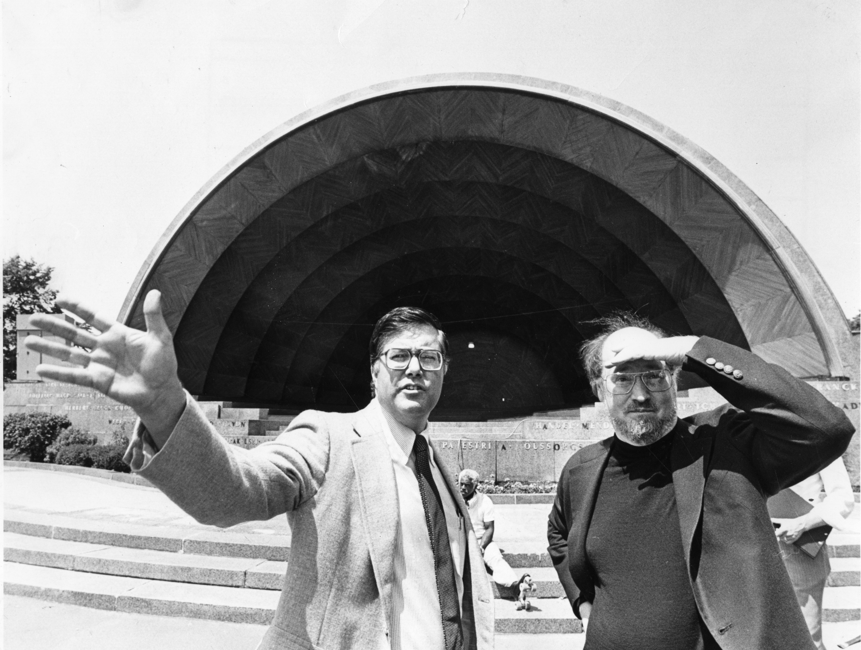 David Mugar and John Williams, then the Pops conductor, outside the Hatch Shell before the 1980 performance.