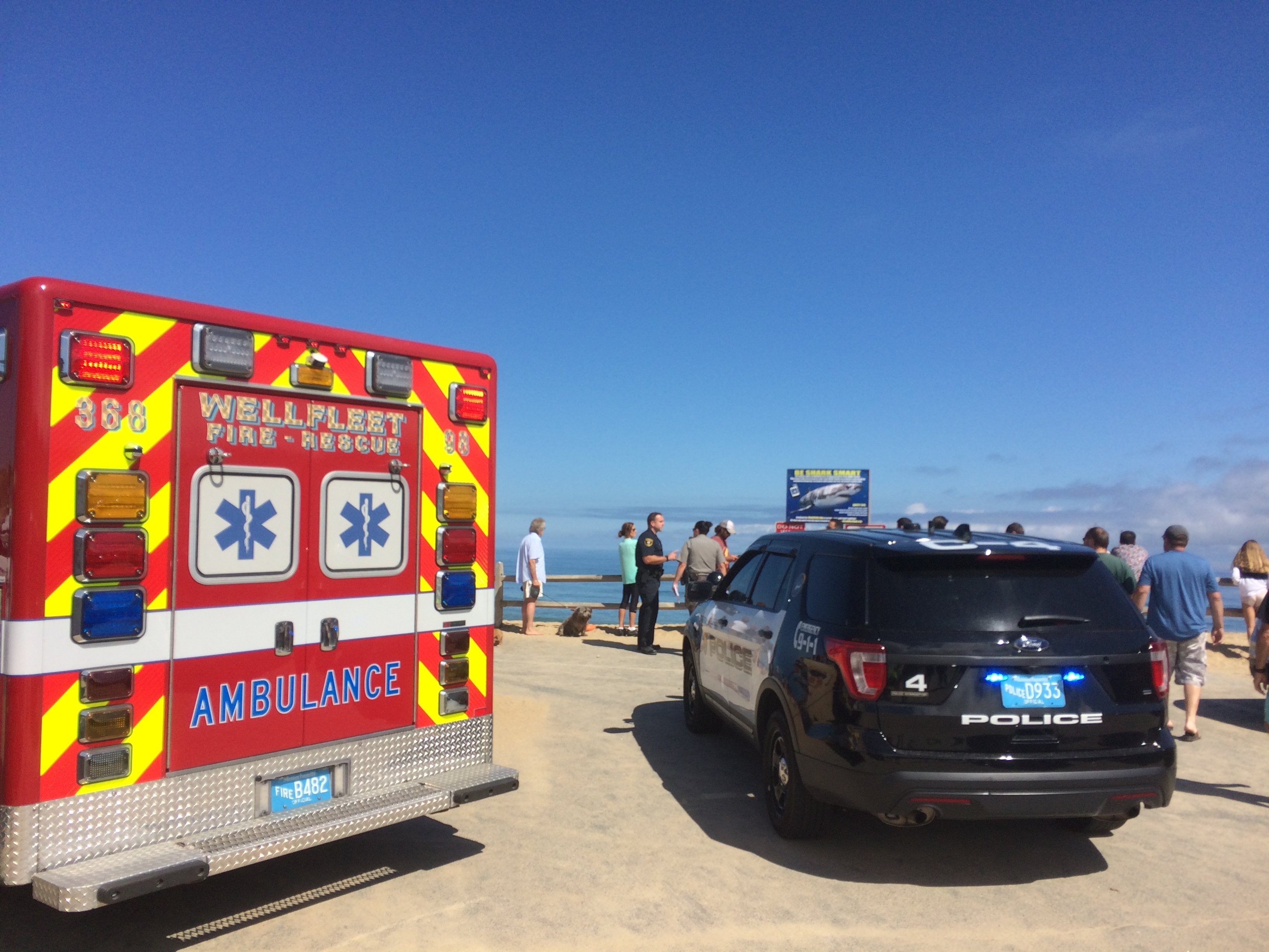 Police and paramedics responded to Newcomb Hollow Beach in Wellfleet on Saturday after the attack.