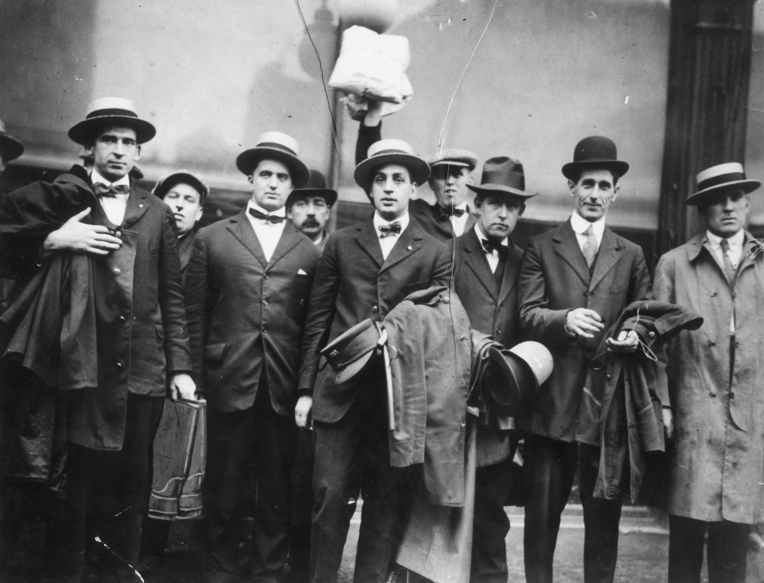 From left: Thomas Donahue, Emmanuel Beavellar, Francis Galliano, Daniel Murphy, Pat Bowen, William Gibbons, and Louis Amber (rear) were among the first policemen to walk out of the station after the strike vote.