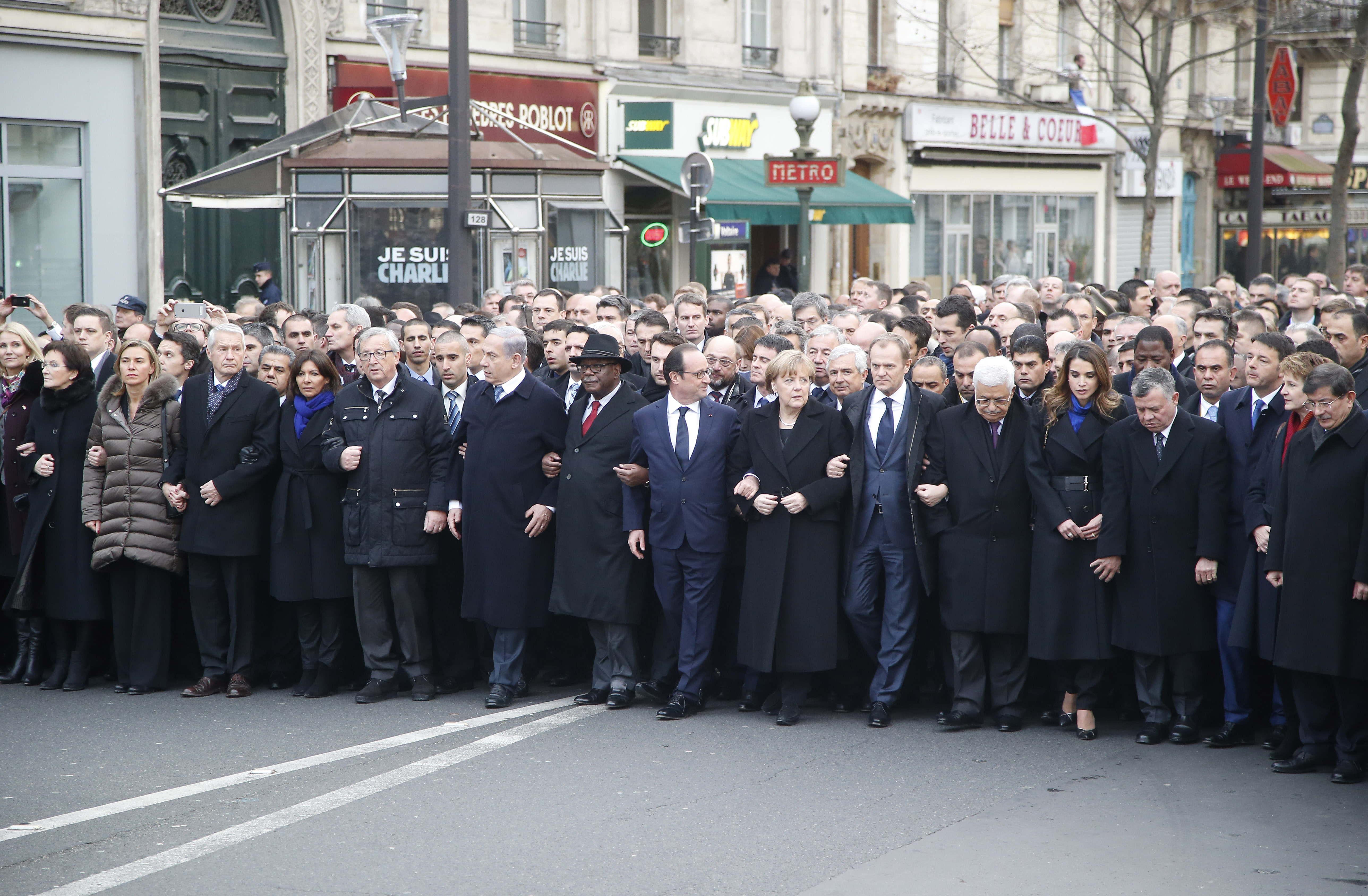 Leaders including Prime Minister Benjamin Netanyahu of Israel, President Francois Hollande of France, and Chancellor Angela Merkel of Germany marched slowly and resolutely, in a bid to signify that the world was united and would not be intimidated in the face of terrorism.