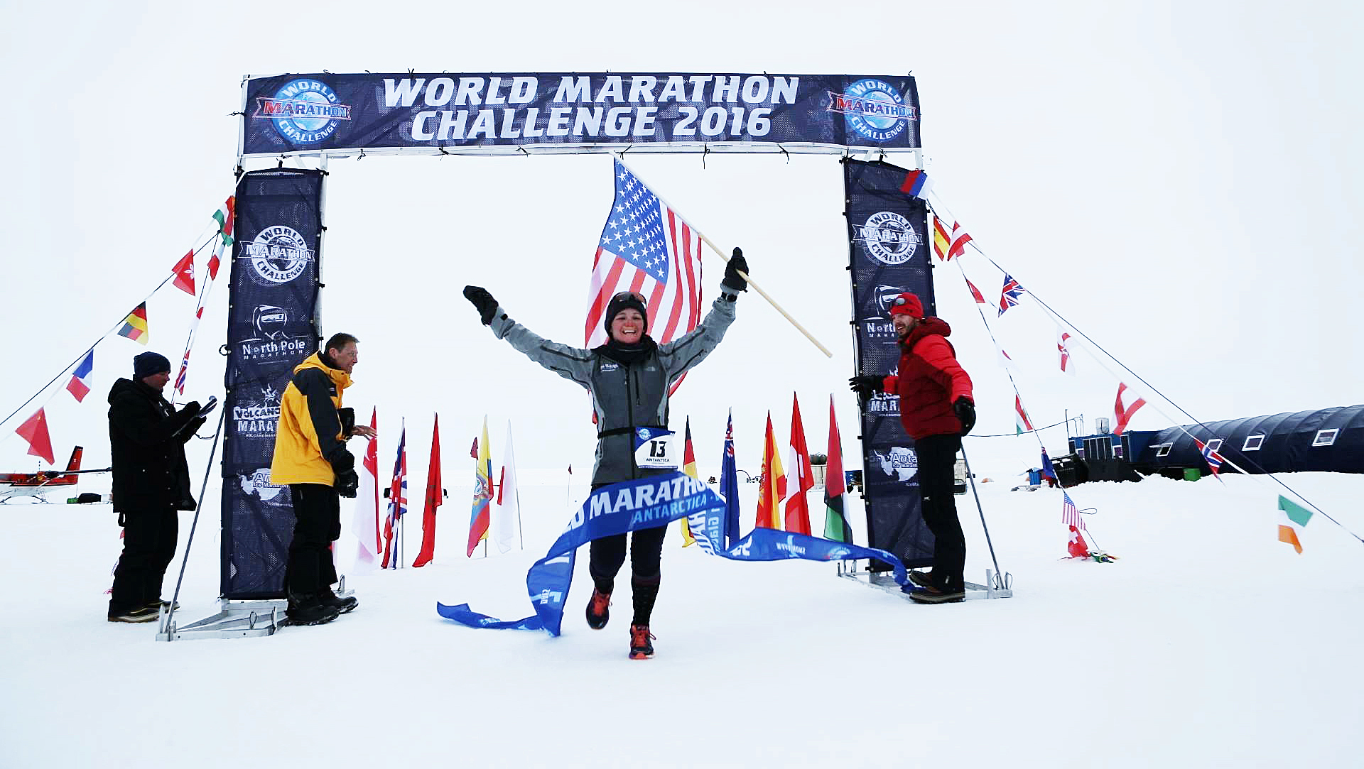 Pizzi crossed the finish line in Antarctica, the first of the seven races of the World Marathon Challenge.
