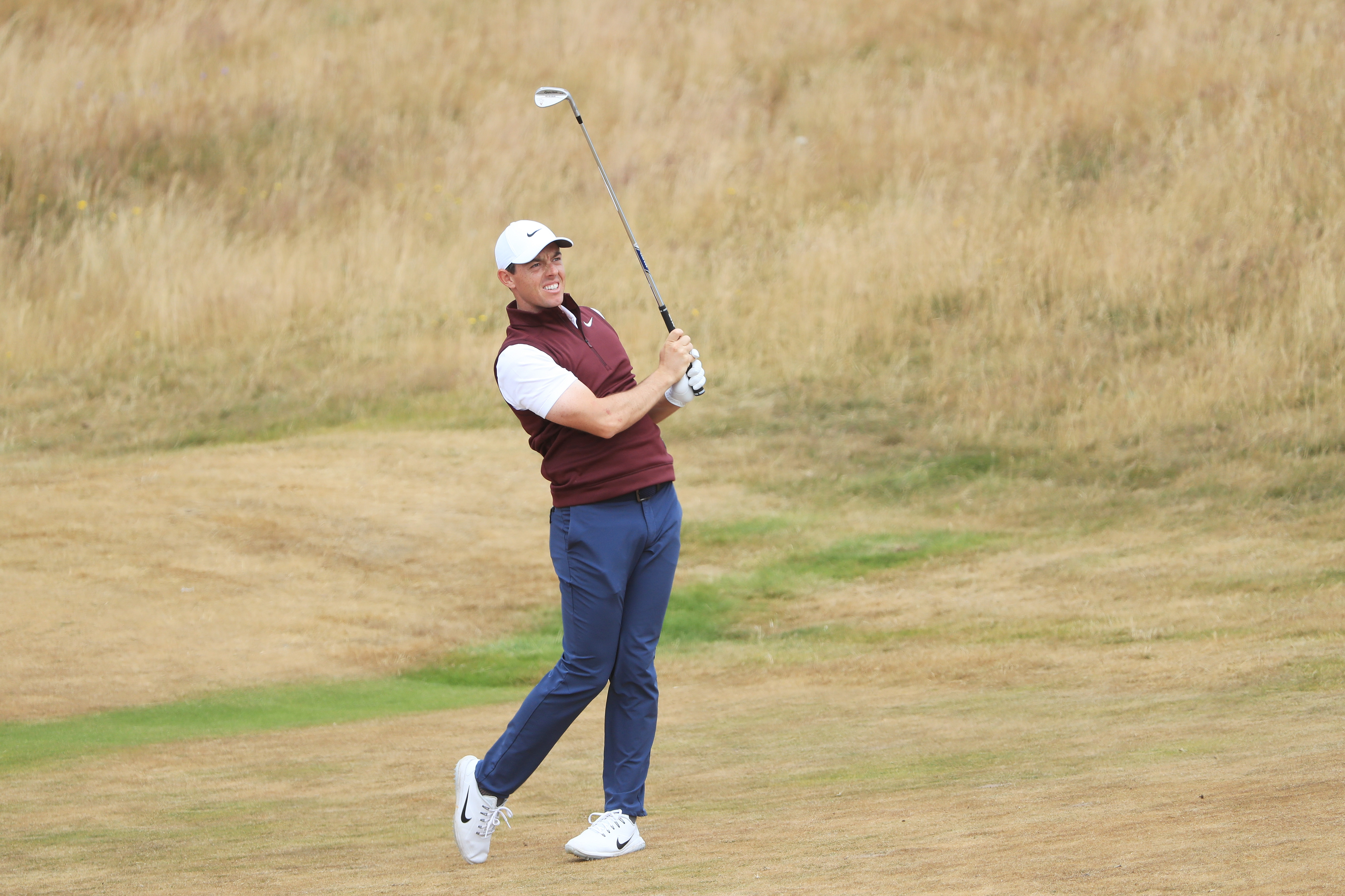 Rory McIlroy plays a shot during his practice round at Carnoustie Golf Club.