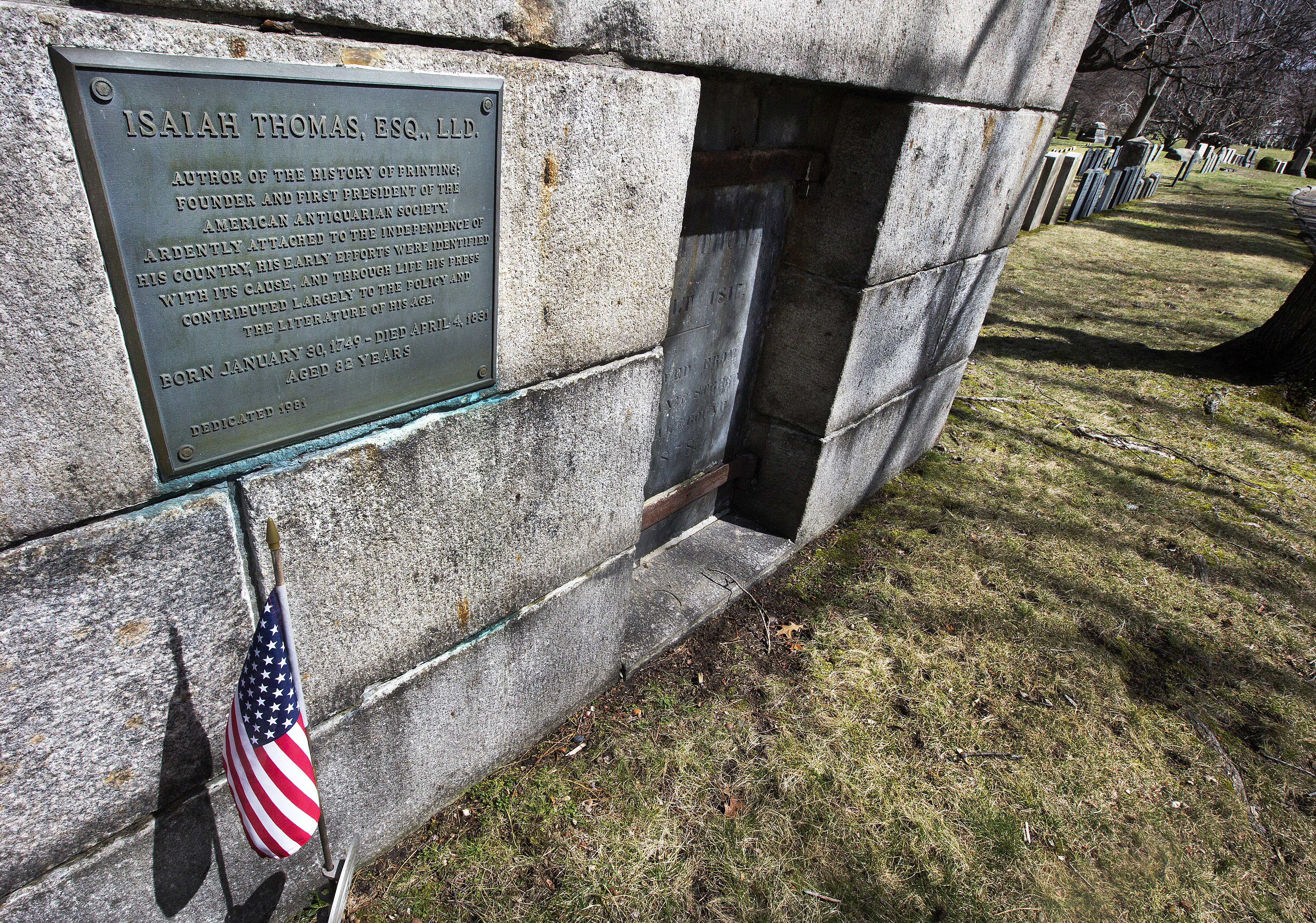 The tomb of Isaiah Thomas in Worcester’s Rural Cemetery.