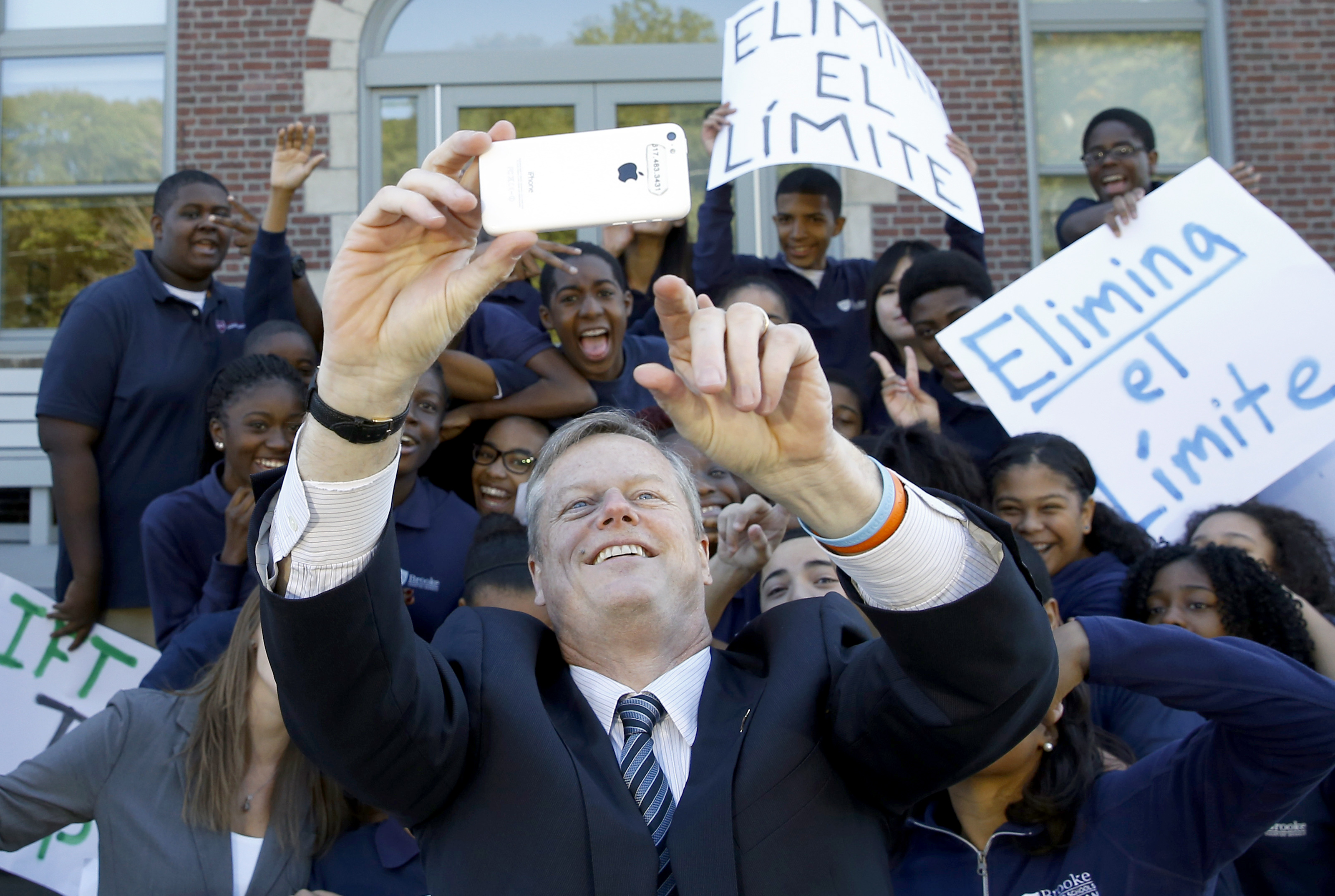 Governor Baker took a selfie with Brooke Charter School after an announcement.