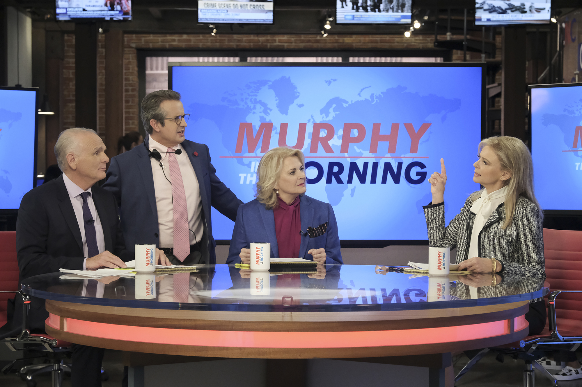 Pictured L-R: Joe Regalbuto as Frank Fontana, Grant Shaud as Miles Silverberg, Candice Bergen as Murphy Brown, and Faith Ford as Corky Sherwood in CBS’s Murphy Brown.