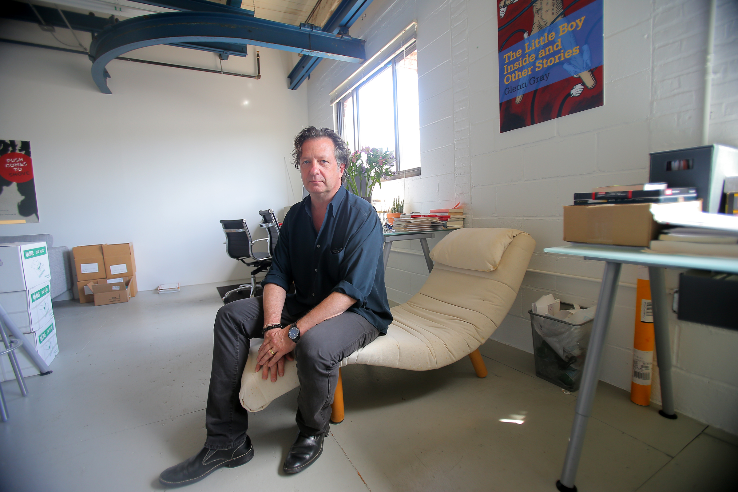 Stona Fitch and his wife, Ann, run the Concord Free Press in this room, in a former leather processing plant in West Concord. The nonprofit press is supported by volunteers, grants, and contributions.