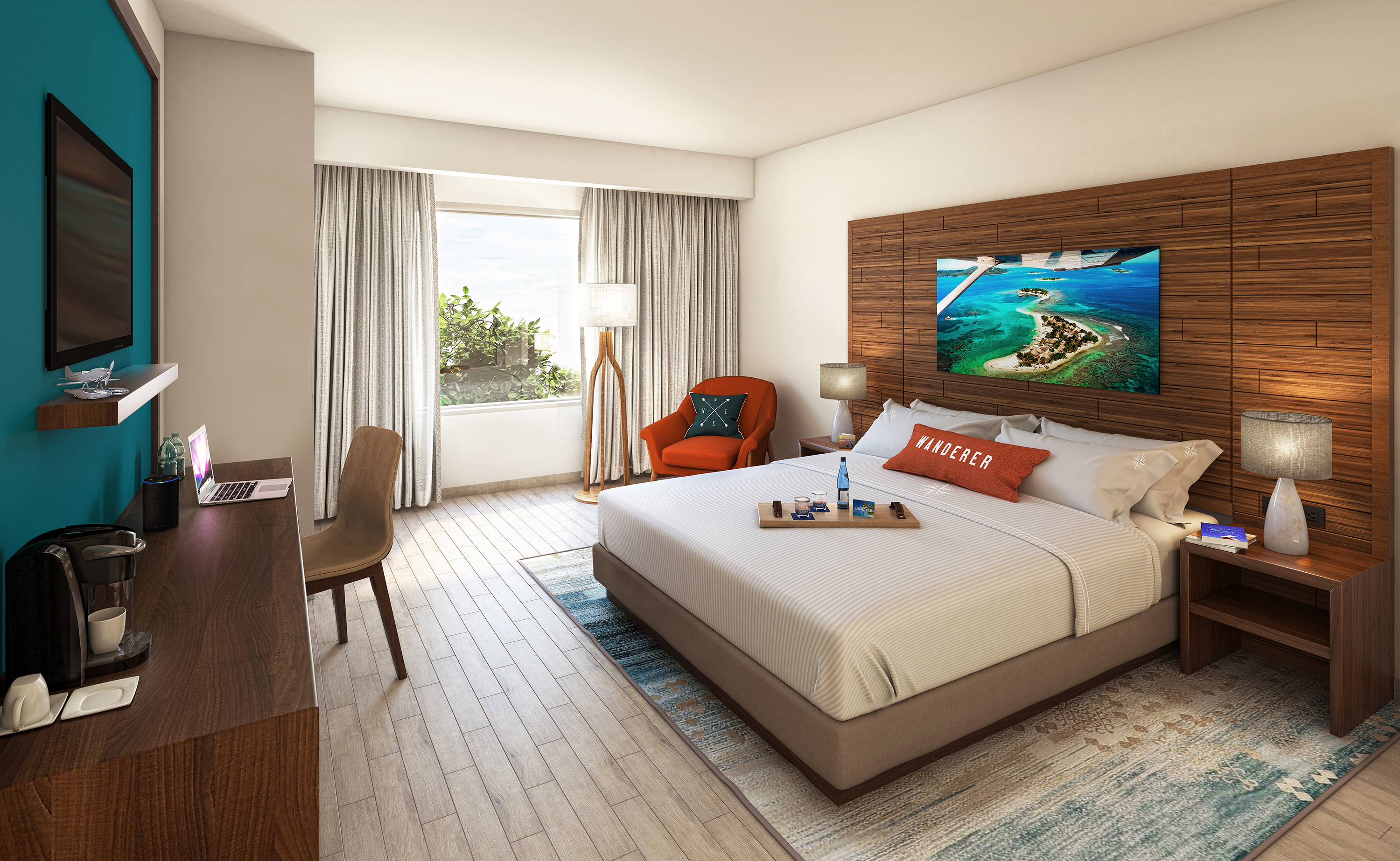 A rendering of a room for the Jimmy Buffett-themed Compass by Margaritaville Hotels & Resorts.