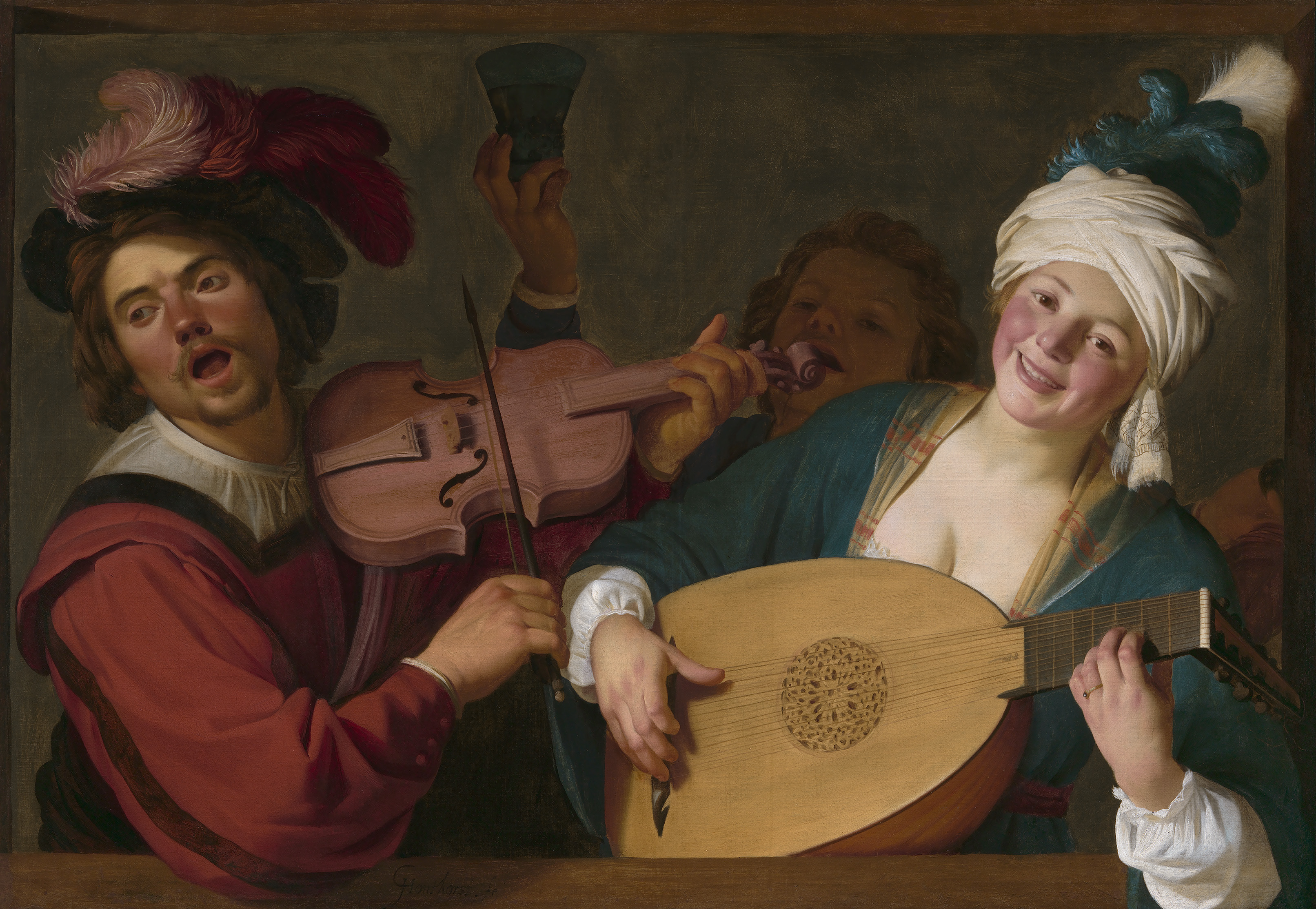 “A Merry Group behind a Balustrade with a Violin and a Lute Player” by Gerrit van Honthorst.