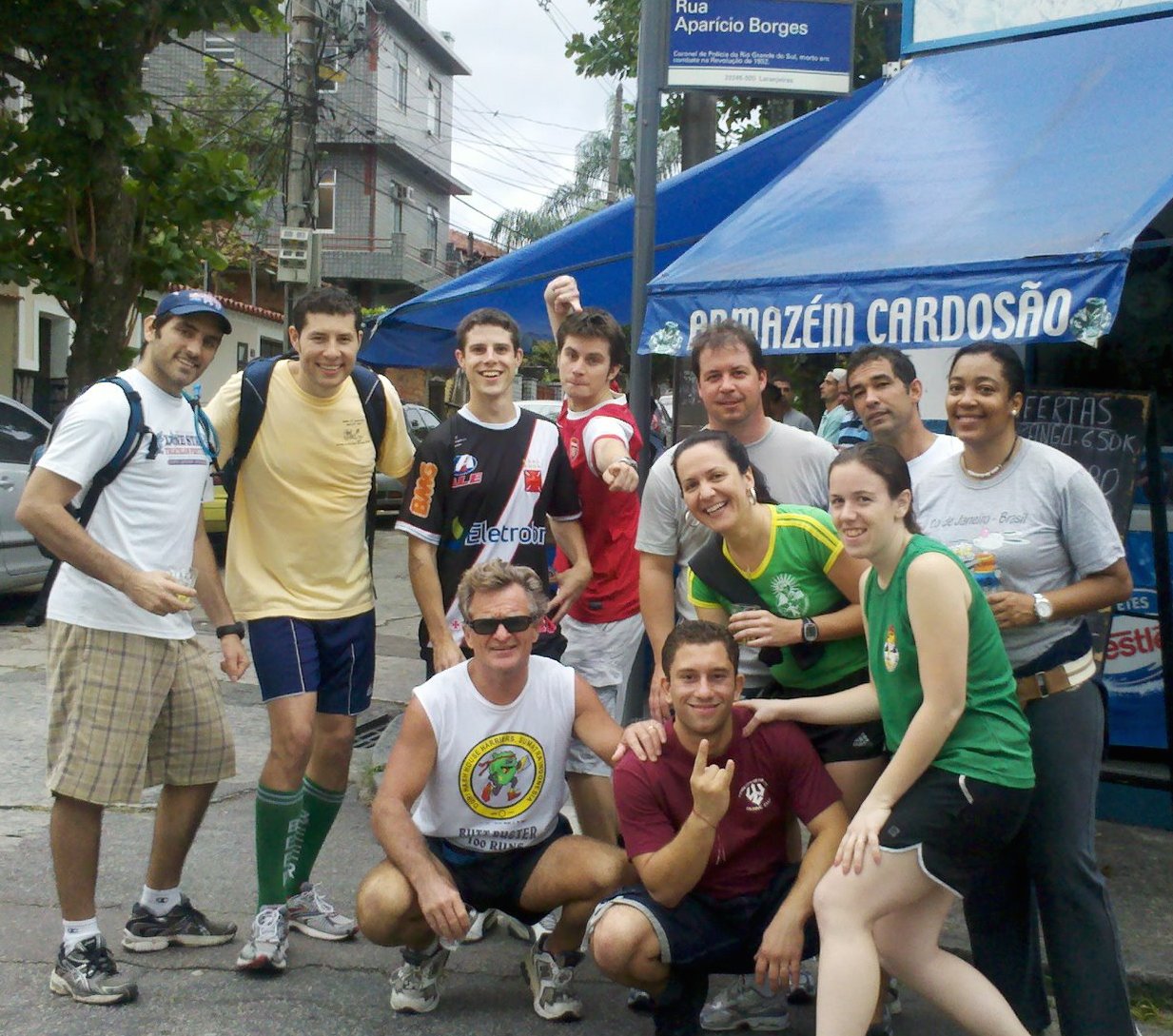 Members of the Rio Hash House Harriers, the local chapter of a global running fraternity, pose for a group shot.