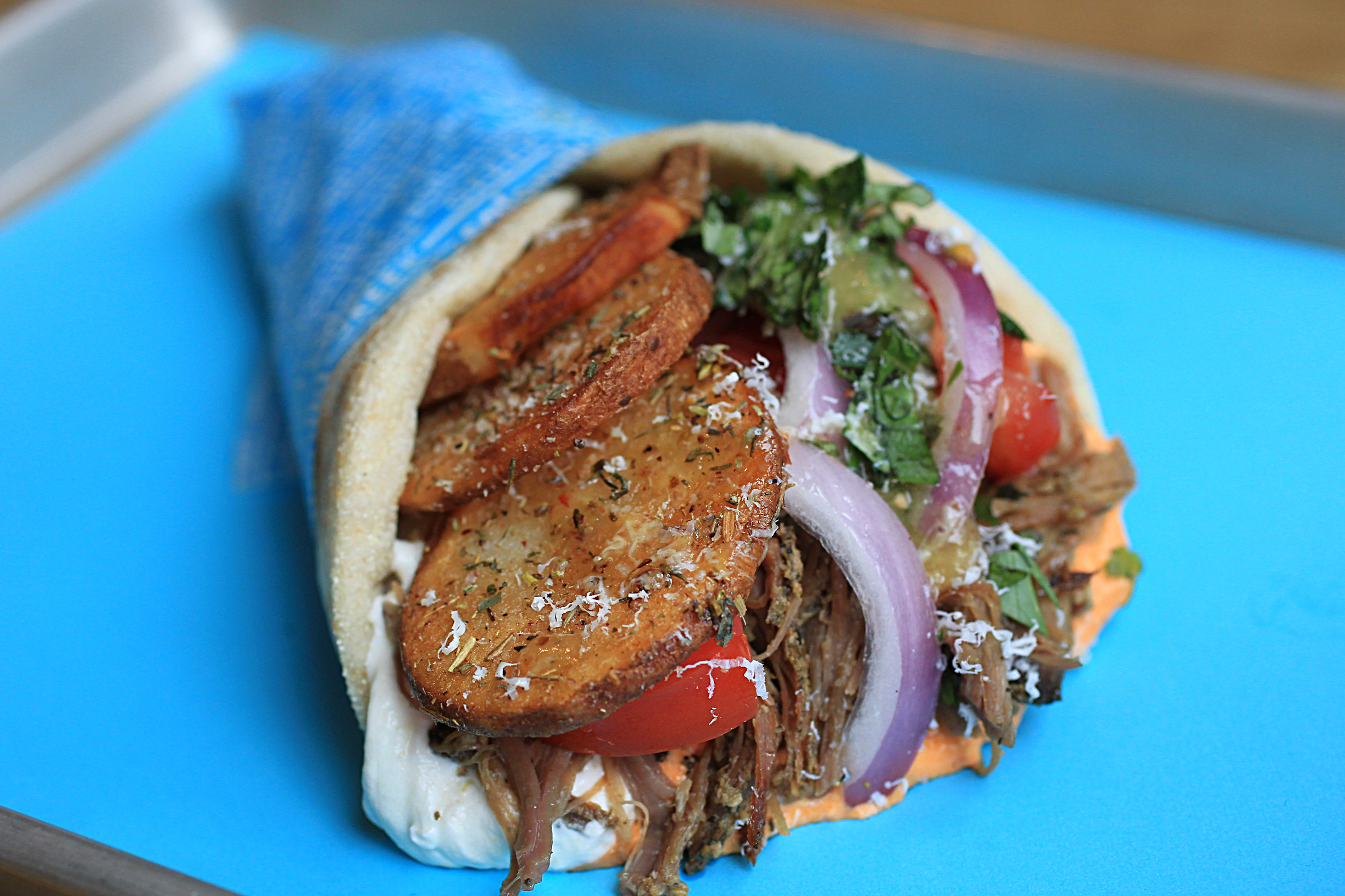 A gyro with pork at Jody Adams's fast-food restaurant Saloniki Greek.