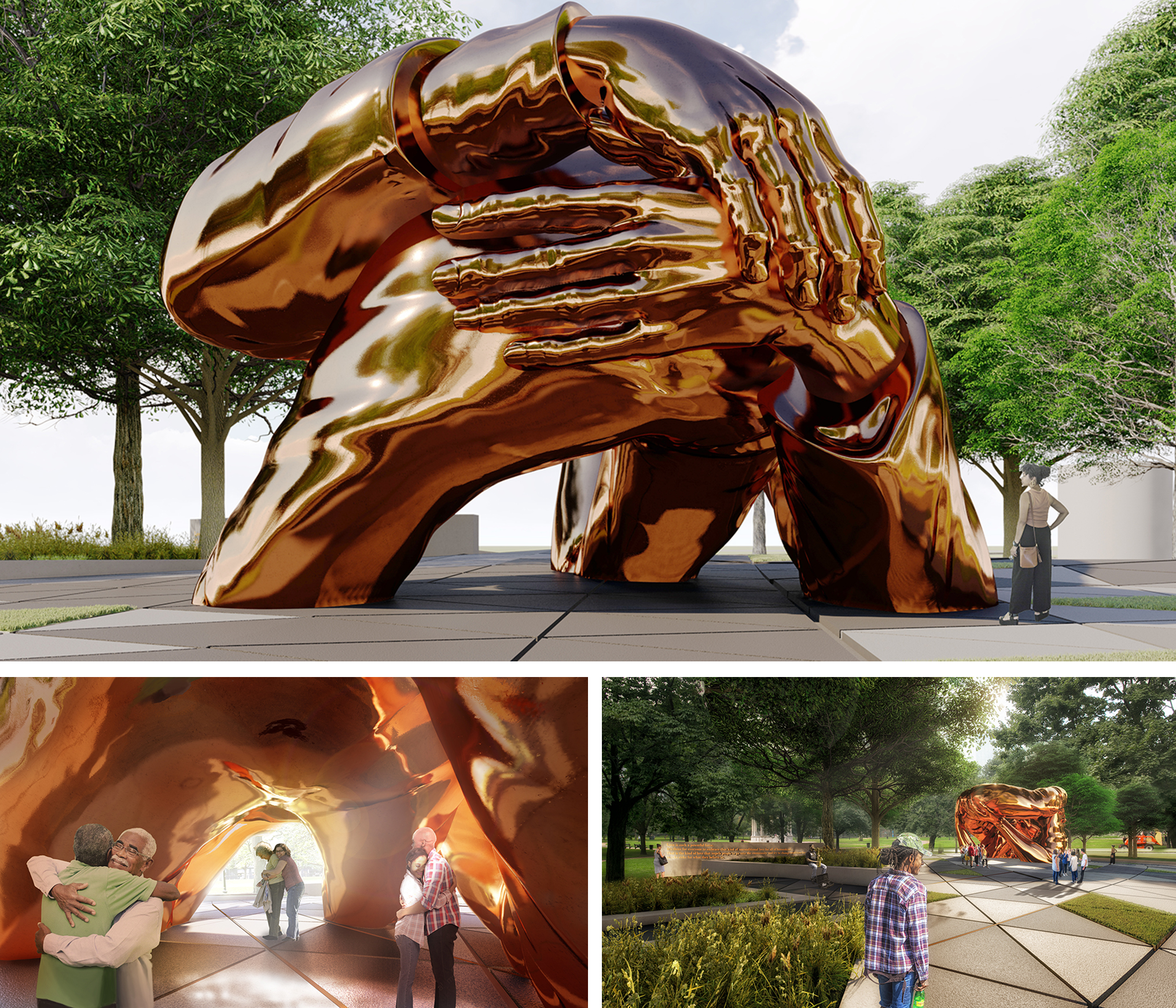 Renderings of “The Embrace,” which was selected as the winning design for Boston’s new memorial to Martin Luther King Jr. and Coretta Scott King.