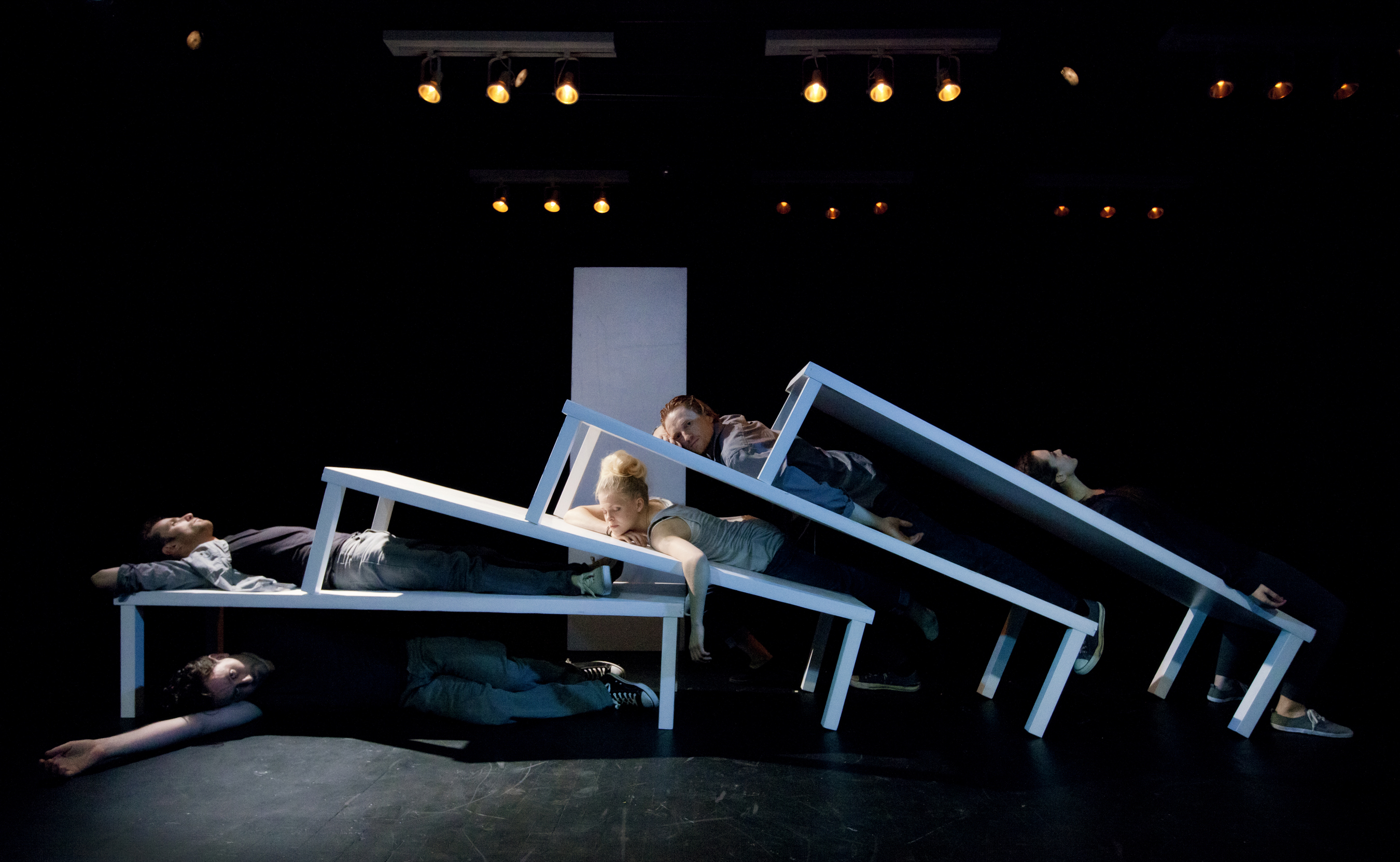 Nick Flint, Richard Saudek, Estelle Bajou, Eric Berryman, Christopher Baker, and Christina Bennett Lind in “pool (no water).”