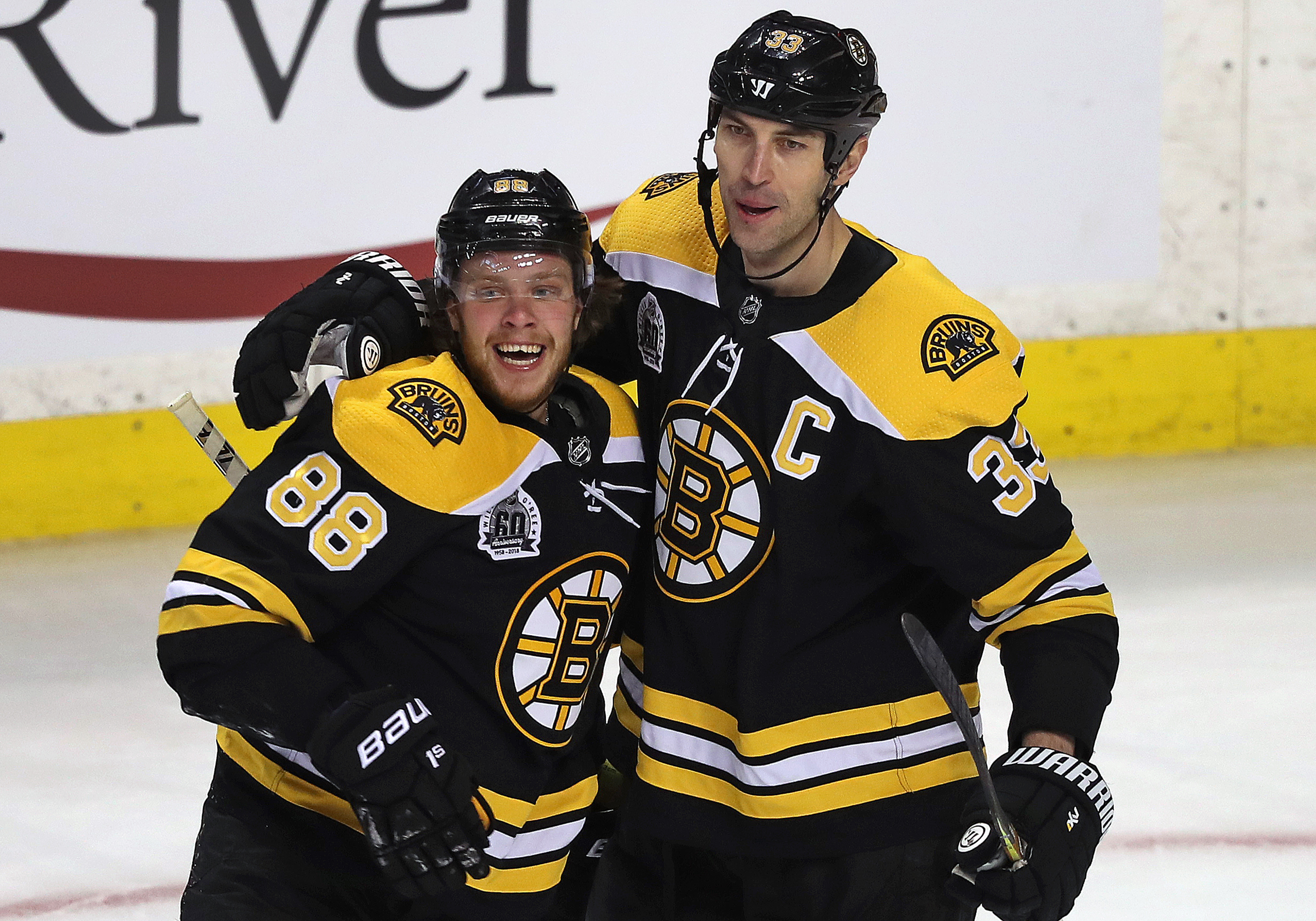 Bruins defenseman Zdeno Chara, here celebrating David Pastrnak’s first-period goal, submitted the effort of two men in killing off a 5-on-3 penalty.