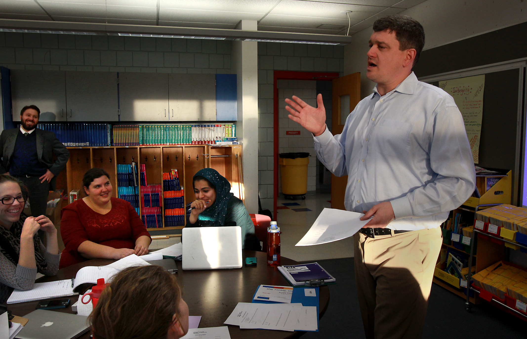 Former Boston mayoral candidate John R. Connolly at a meeting with teachers at Bentley Elementary School in Salem.