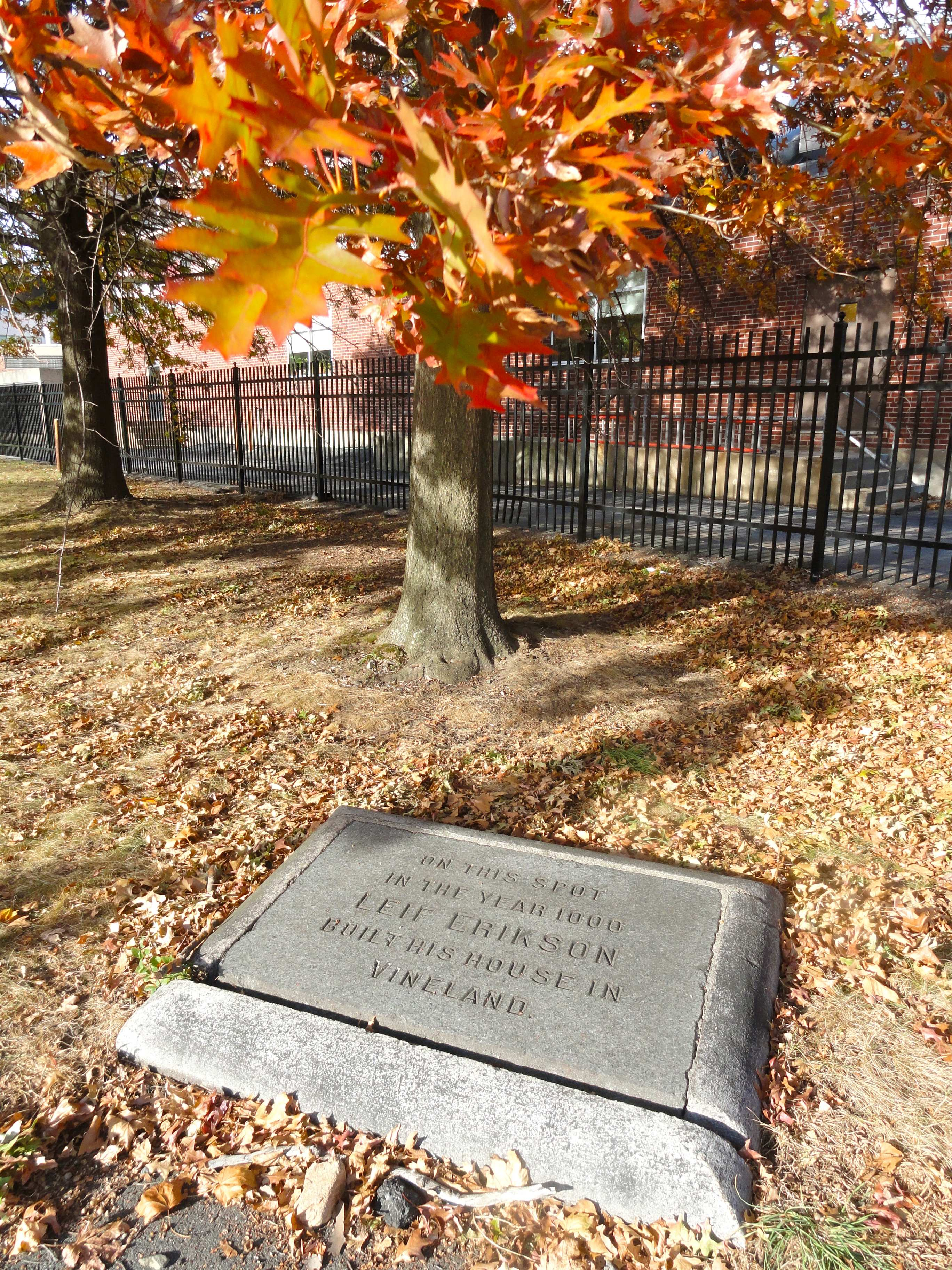 A granite slab in Cambridge erroneously marks the millennium-old location of explorer Leif Erikson’s house.