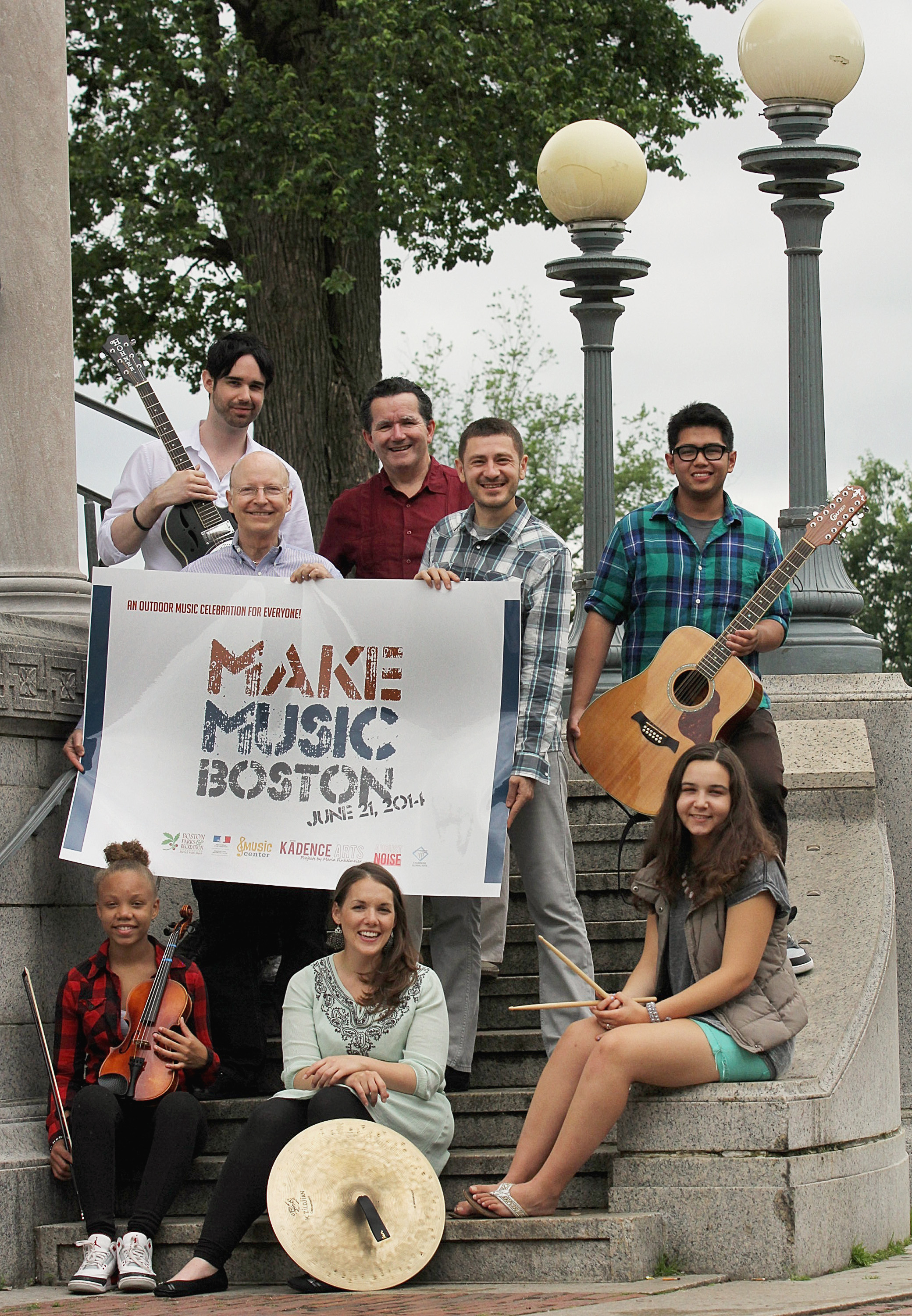 Front row (from left): musician Aaliyah Clark; Make Music Boston coordinator Maria Finkelmeier; musician Kate Diaz. Back row (from left): musician Matthew Connor; David Lapin, executive director of the Community Music Center of Boston; vocalist Barney Carney; Veljko Petrickovic of Cambridge Global Arts; and musician Joe Deauna.
