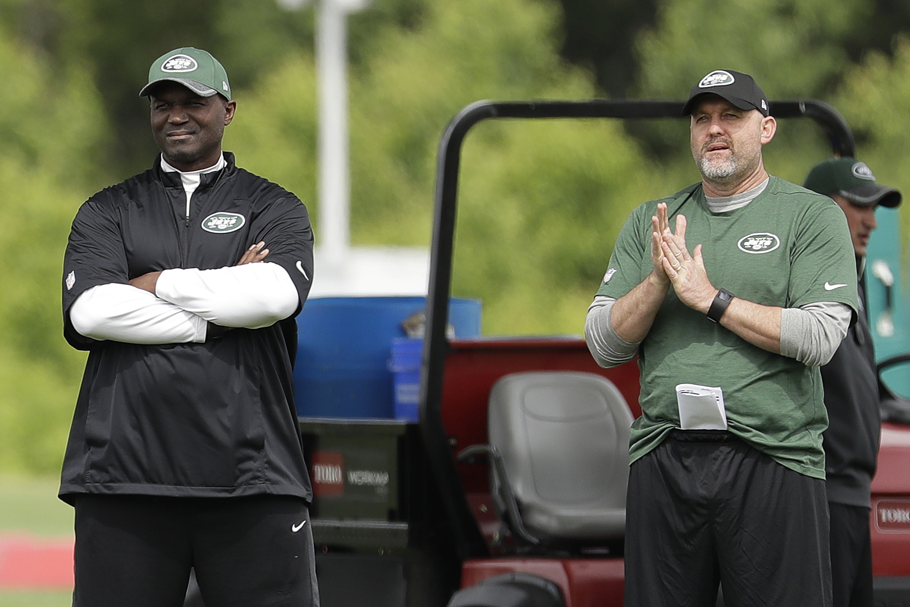 Jets head coach Todd Bowles with offensive coordinator John Morton during OTAs last month.