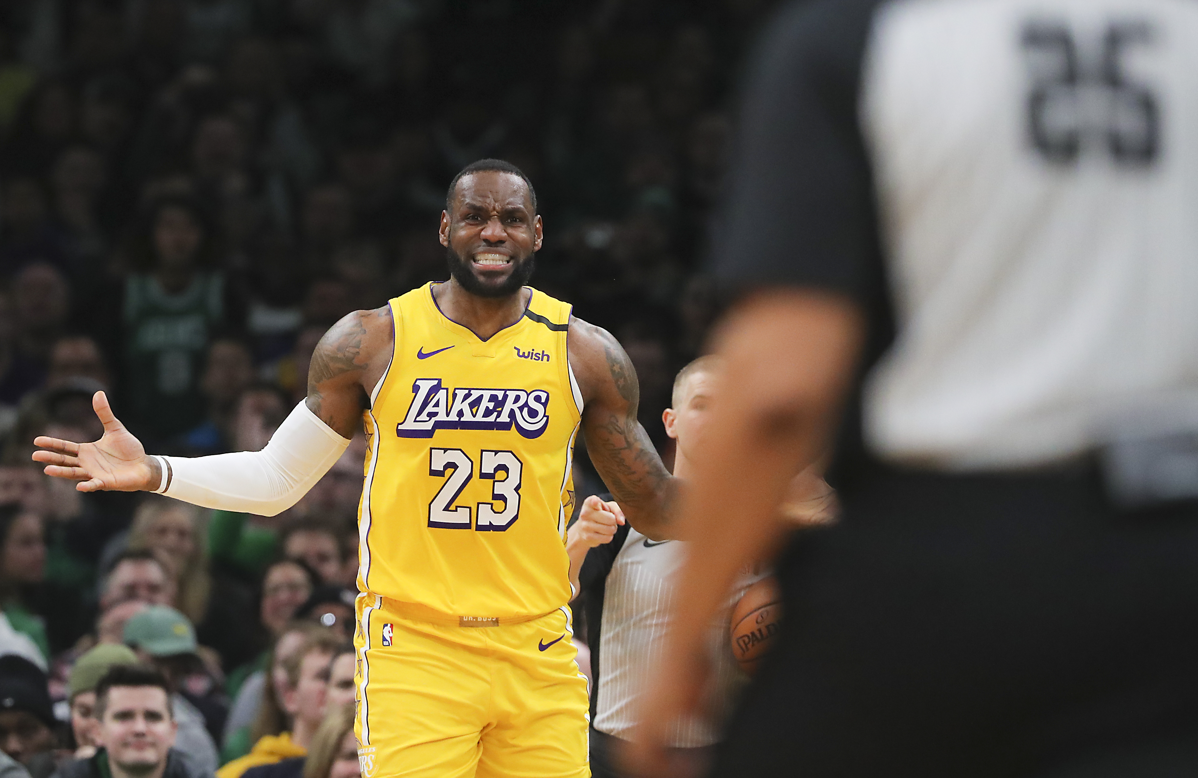 LeBron James complains about an out-of-bounds call to the referee — which was overturned in the Lakers’ favor — during the second quarter.