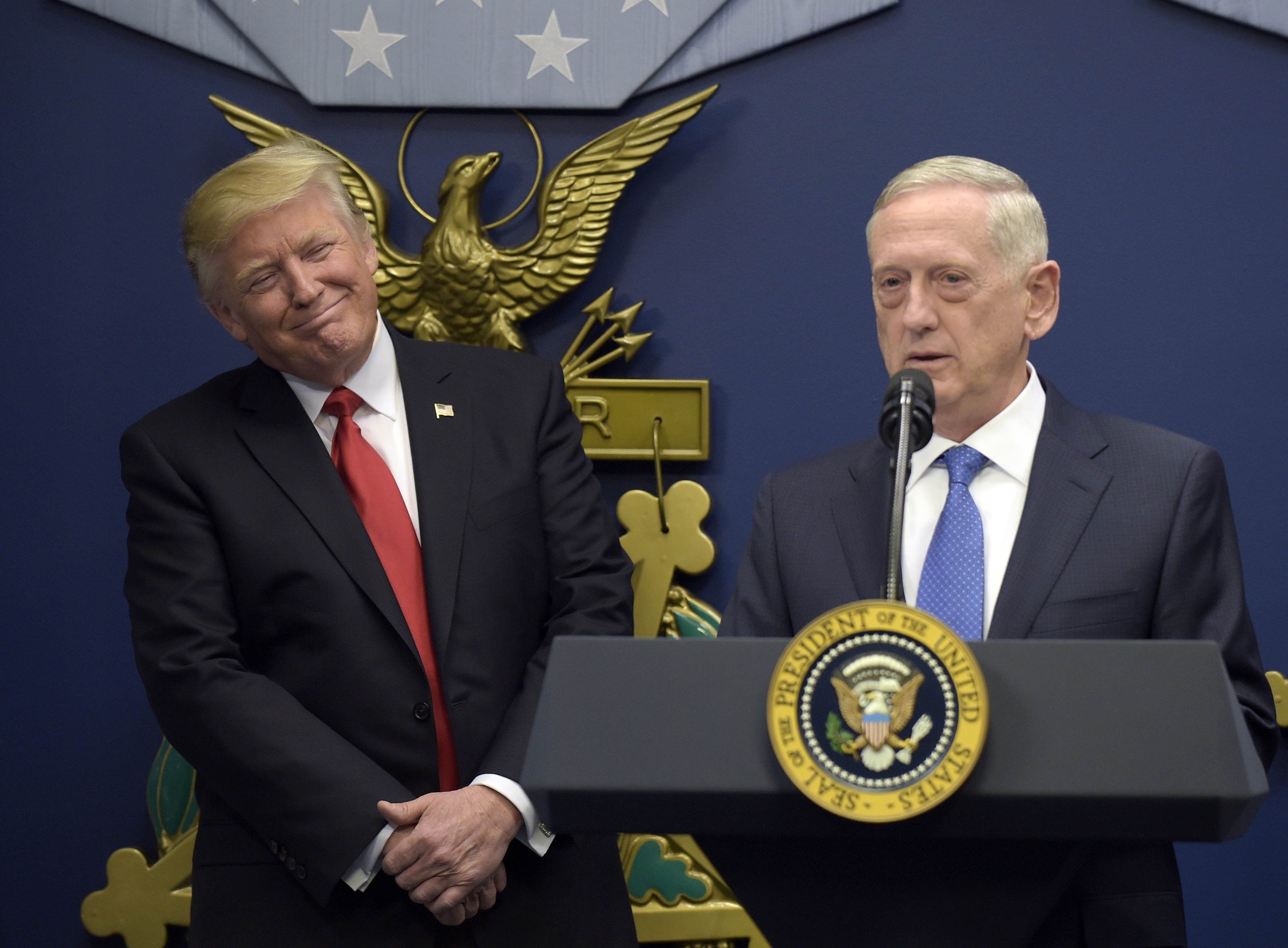 Trump listened as Defense Secretary Jim Mattis spoke last month at the Pentagon.