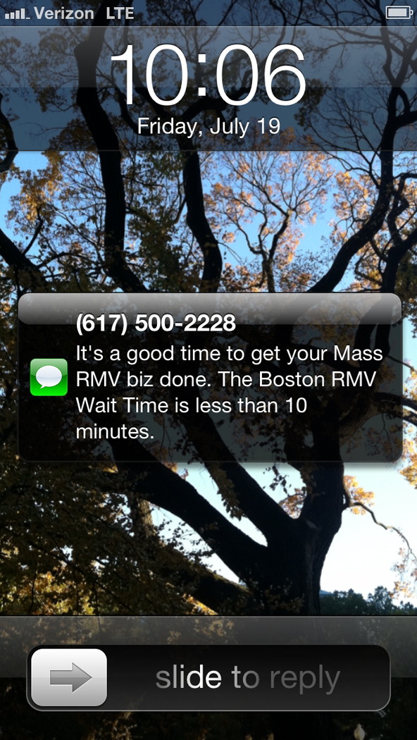 <a href="http://massrmvwaittime.com/" target="_blank">MassRMVWaitTime.com sends users a text message when the wait time at a branch of the Registry of Motor Vehicles has died down.</a>