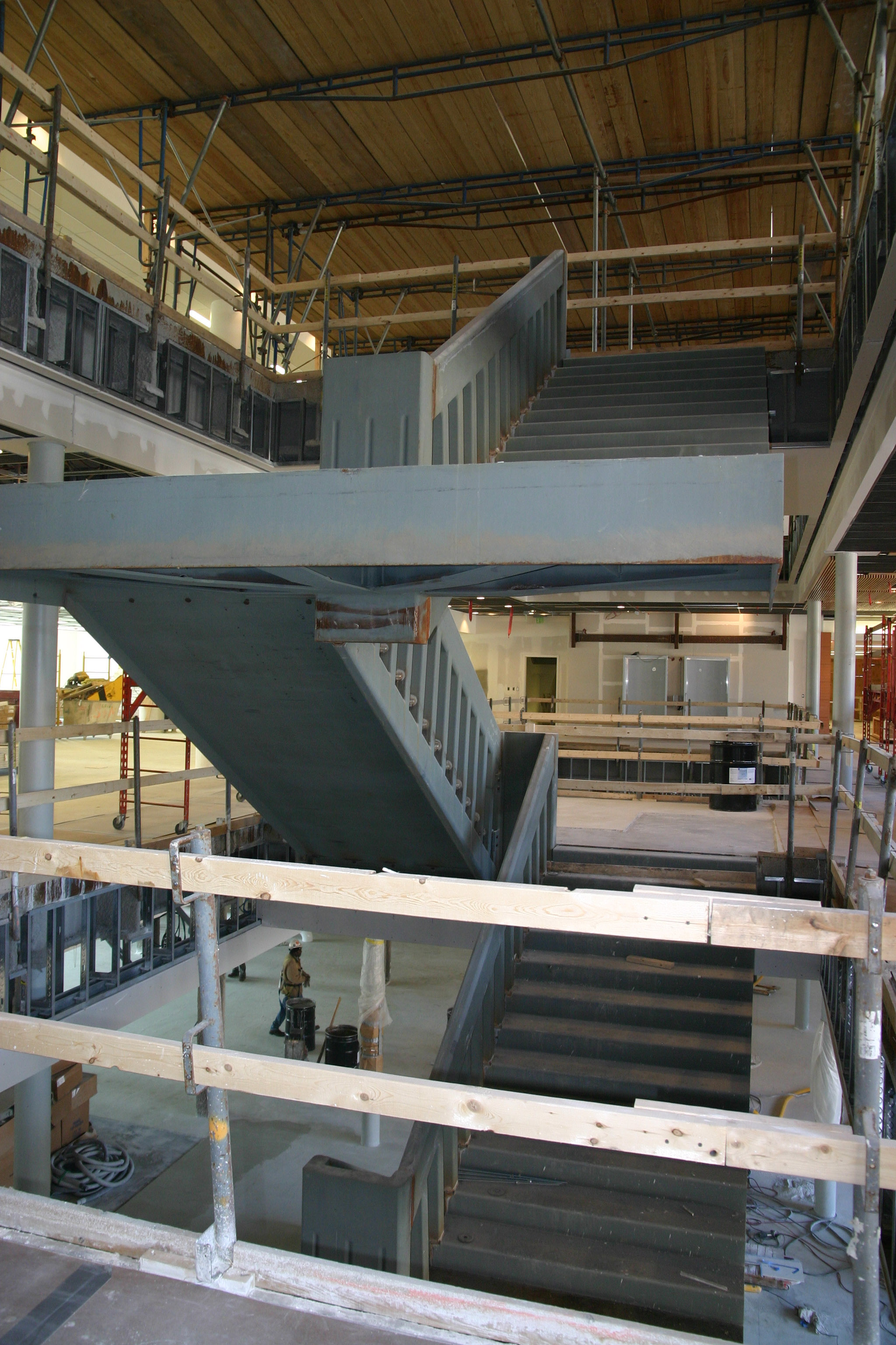 The view from the second floor looking out onto the central "floating" staircase.