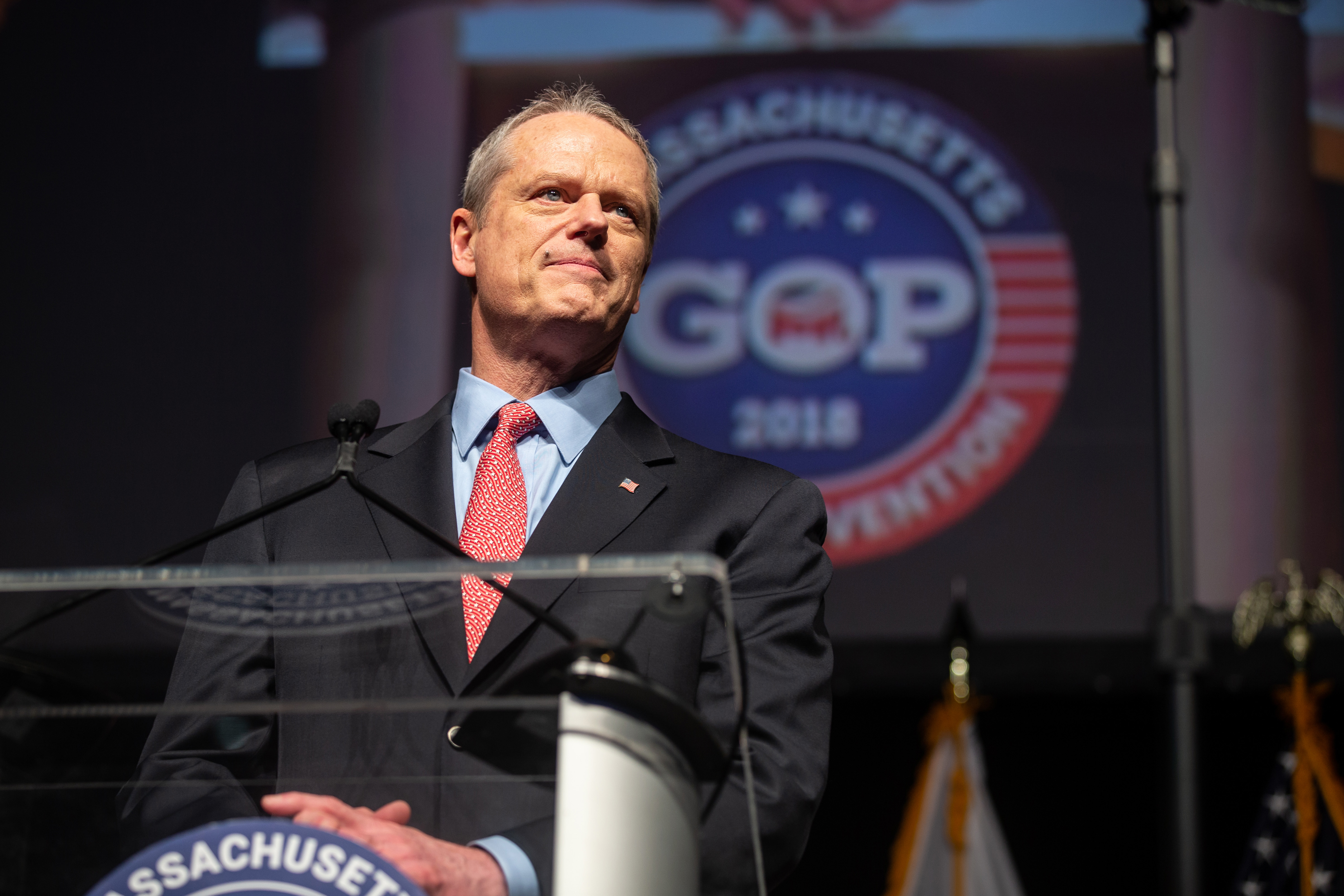Governor Charlie Baker at the Massachusetts Republican Convention at the DCU Center in Worcester, on April 28.