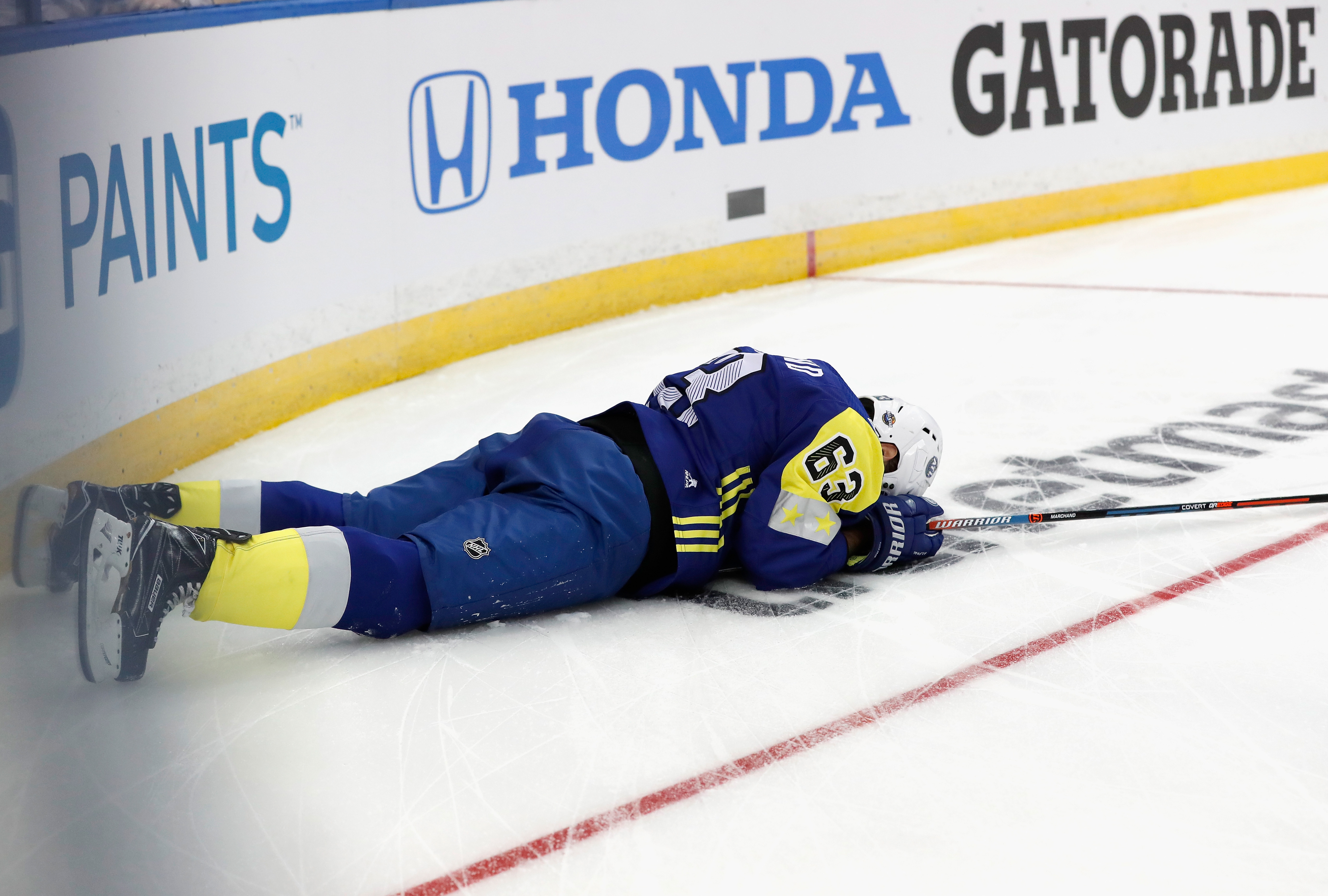 Brad Marchand reacts after drawing a penalty — the lone infraction of the 2018 NHL All-Star Game — at Amalie Arena.
