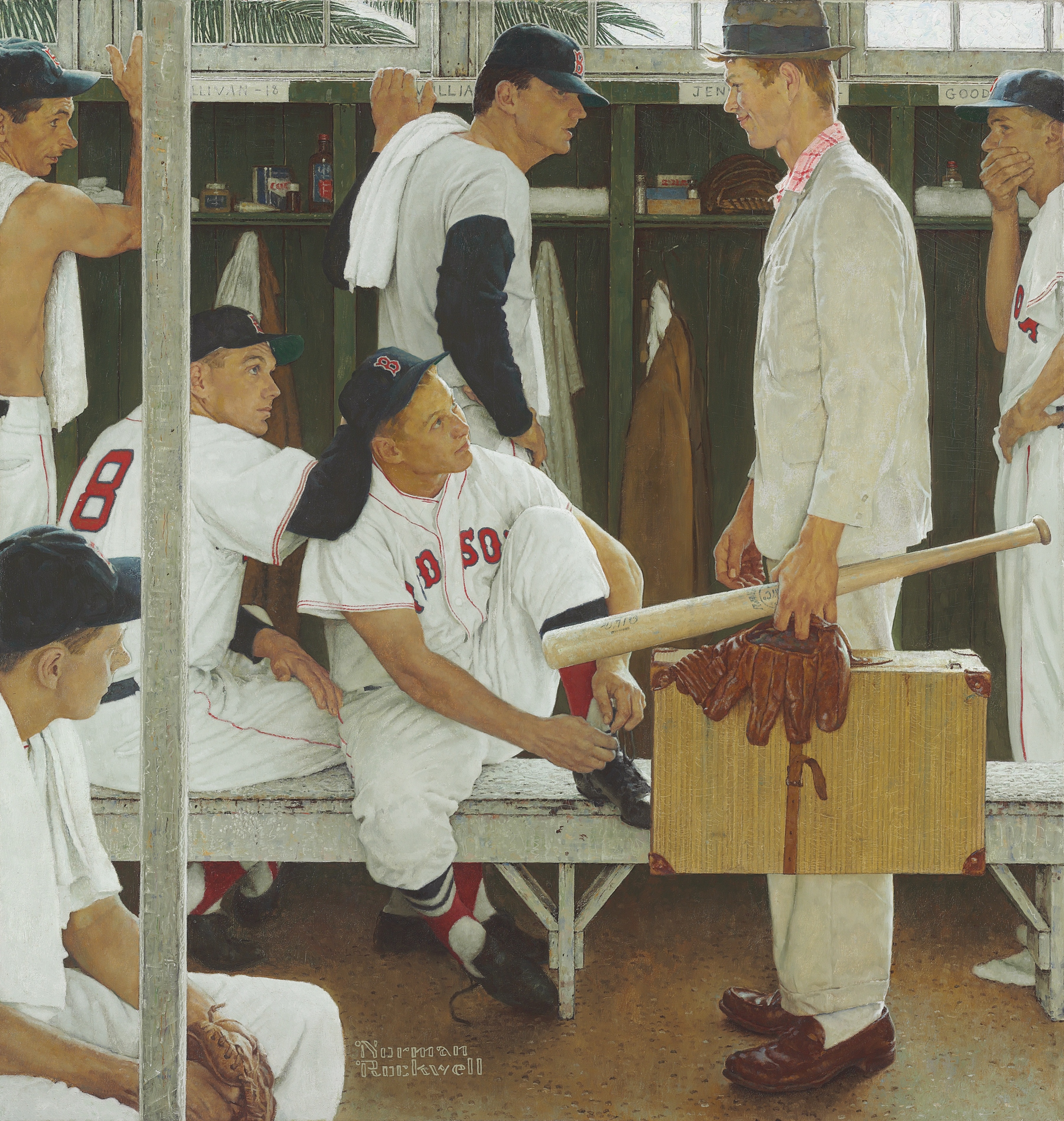 This photo provided by Curtis Licensing via Christie's auction house in New York shows Norman Rockwell's 1957 painting, "The Rookie (Red Sox Locker Room)." The painting, showing Frank Sullivan, Jackie Jensen, Sammy White, Billy Goodman and Ted Williams, will be auctioned by Christie's May 22.