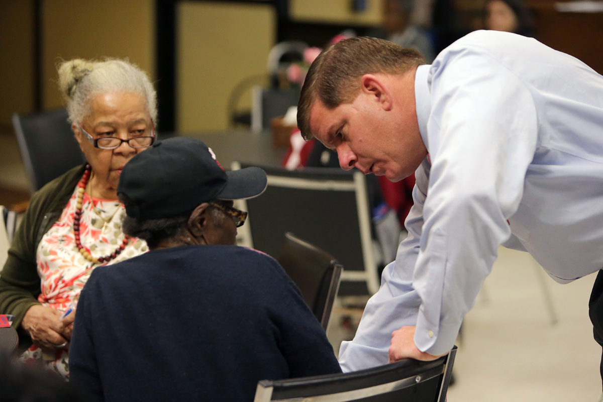 Walsh spoke with people at the Kit Clark Senior Services Center in Dorchester during a recent day of campaigning.