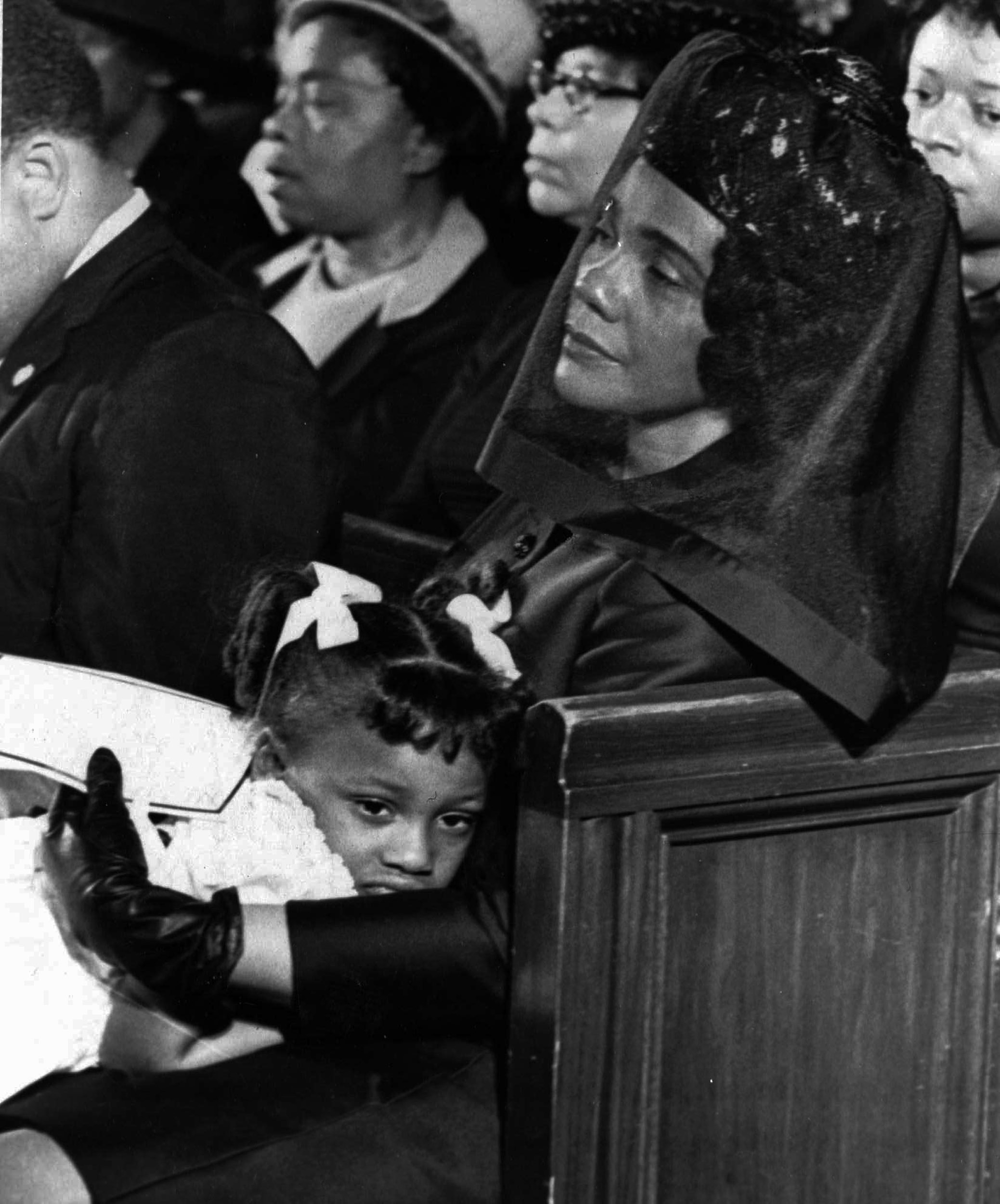 Coretta Scott King and her daughter, Bernice, at the funeral of Dr. Martin Luther King Jr. in 1968.