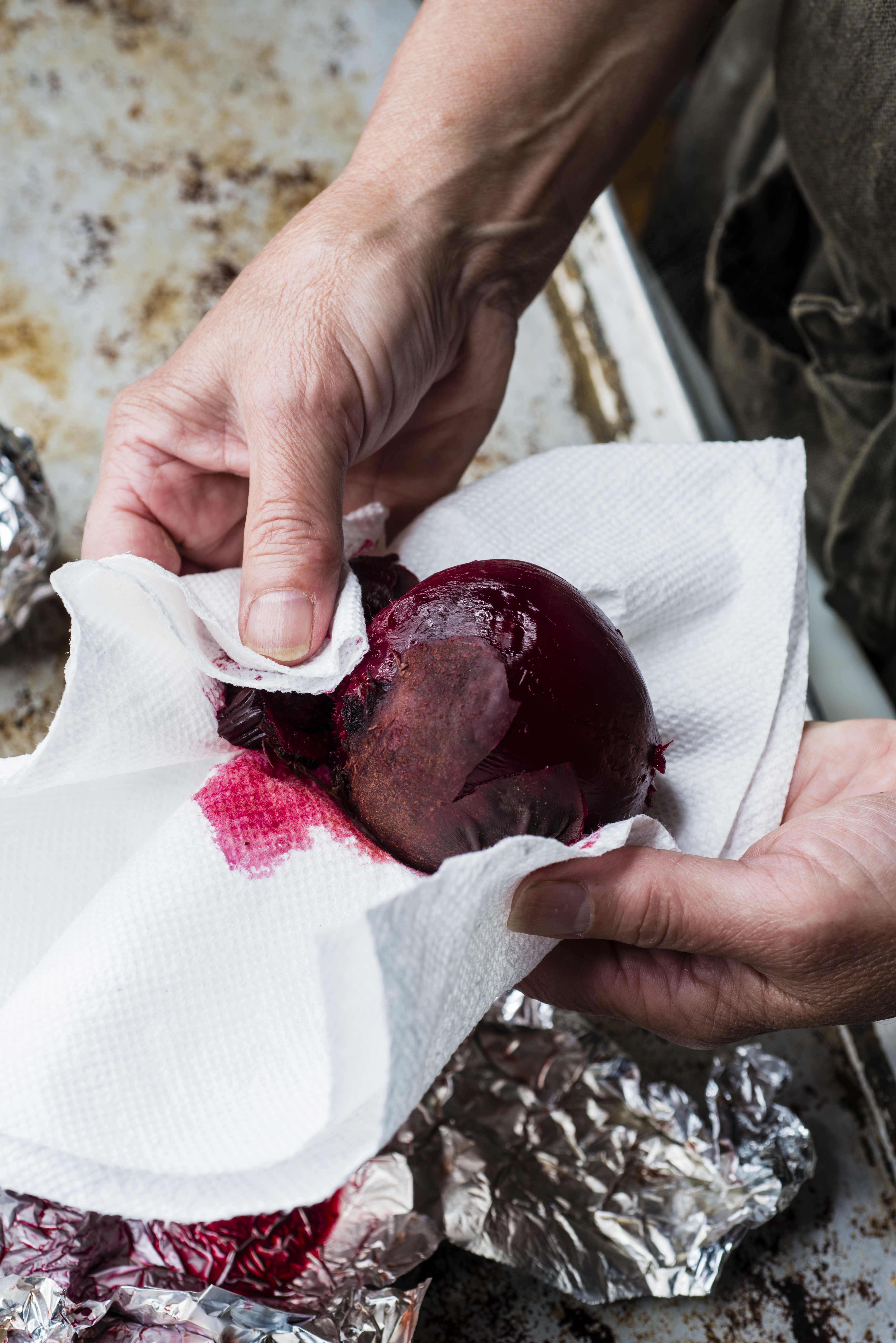 TIP: To ease the task of peeling beets, roast trimmed, washed, foil-wrapped medium-sized beets in a 400-degree oven for 50 to 60 minutes. One at a time, unwrap and transfer to a double layer of paper towel, root end up. With paper towel under your thumb, rub from root end to top, removing skin. Use a paring knife for any remaining resistant peel, especially near the top. Repeat with remaining beets.