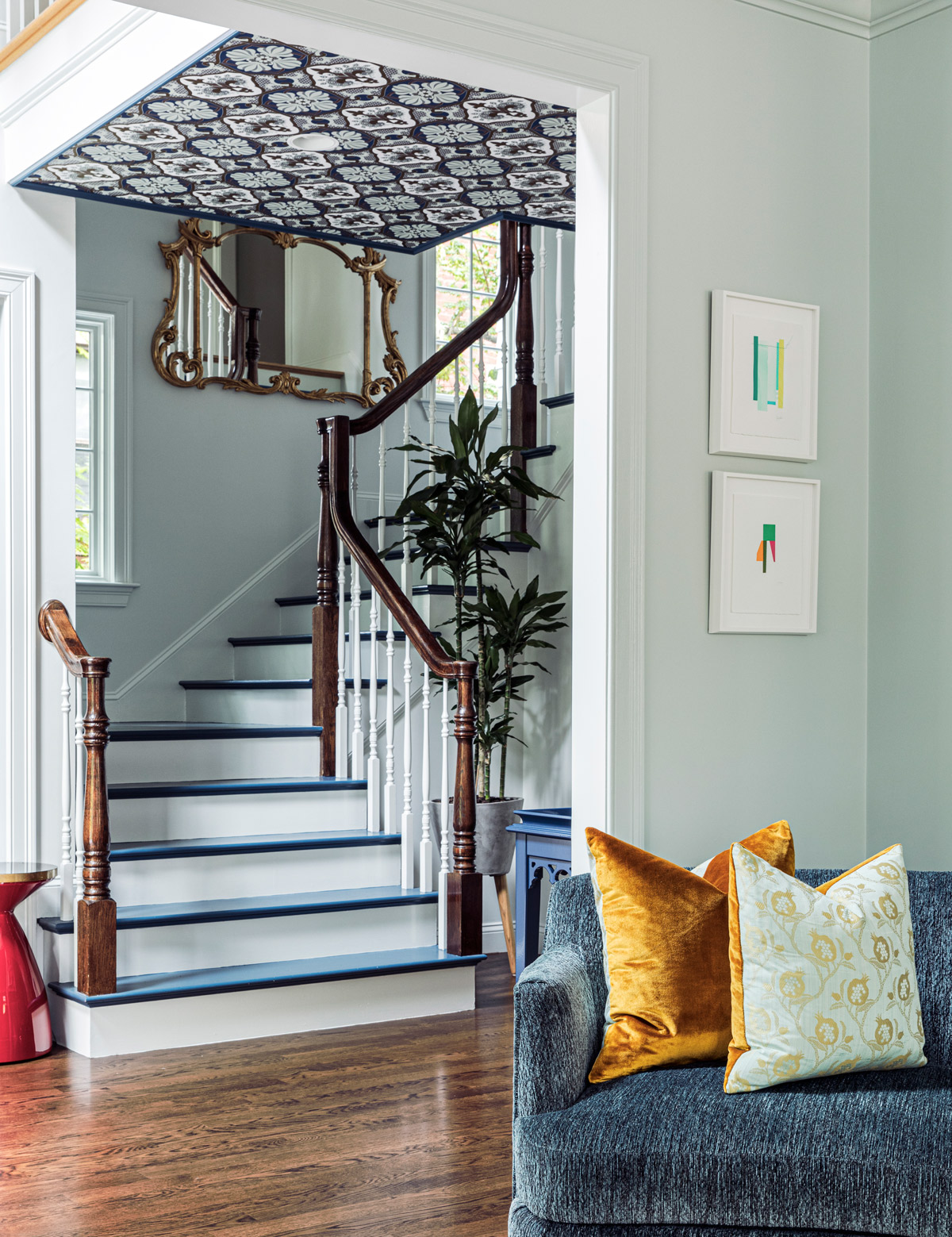 When homeowner Margaret Chu-Moyer spotted this Waterhouse Wallhangings wallpaper in Evolve Residential’s portfolio, she asked if it would work on the entry ceiling. Designer Josh Linder says, “I was shocked and delighted that she threw the idea out there.”