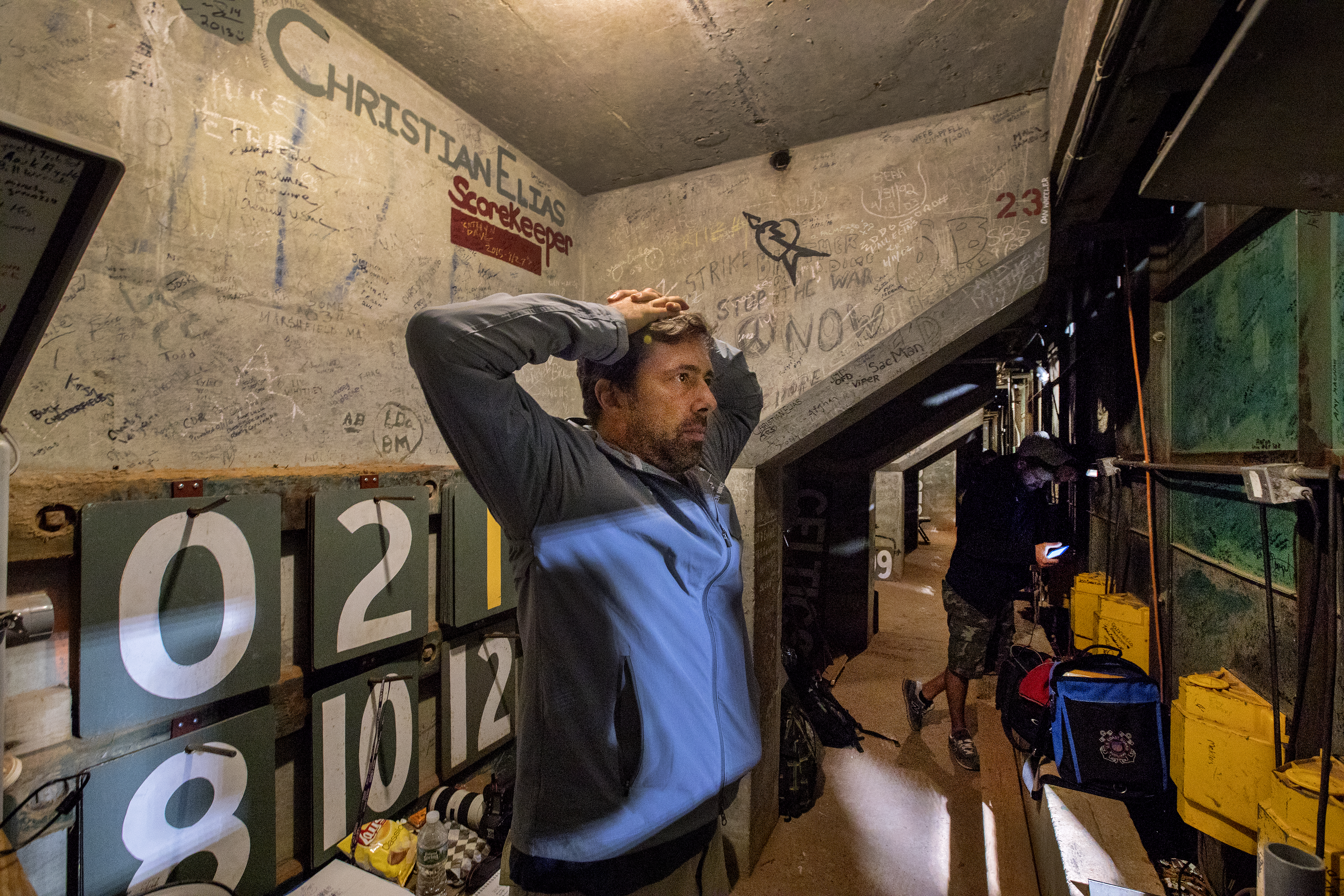 Christian Elias inside his “office” at Fenway Park.