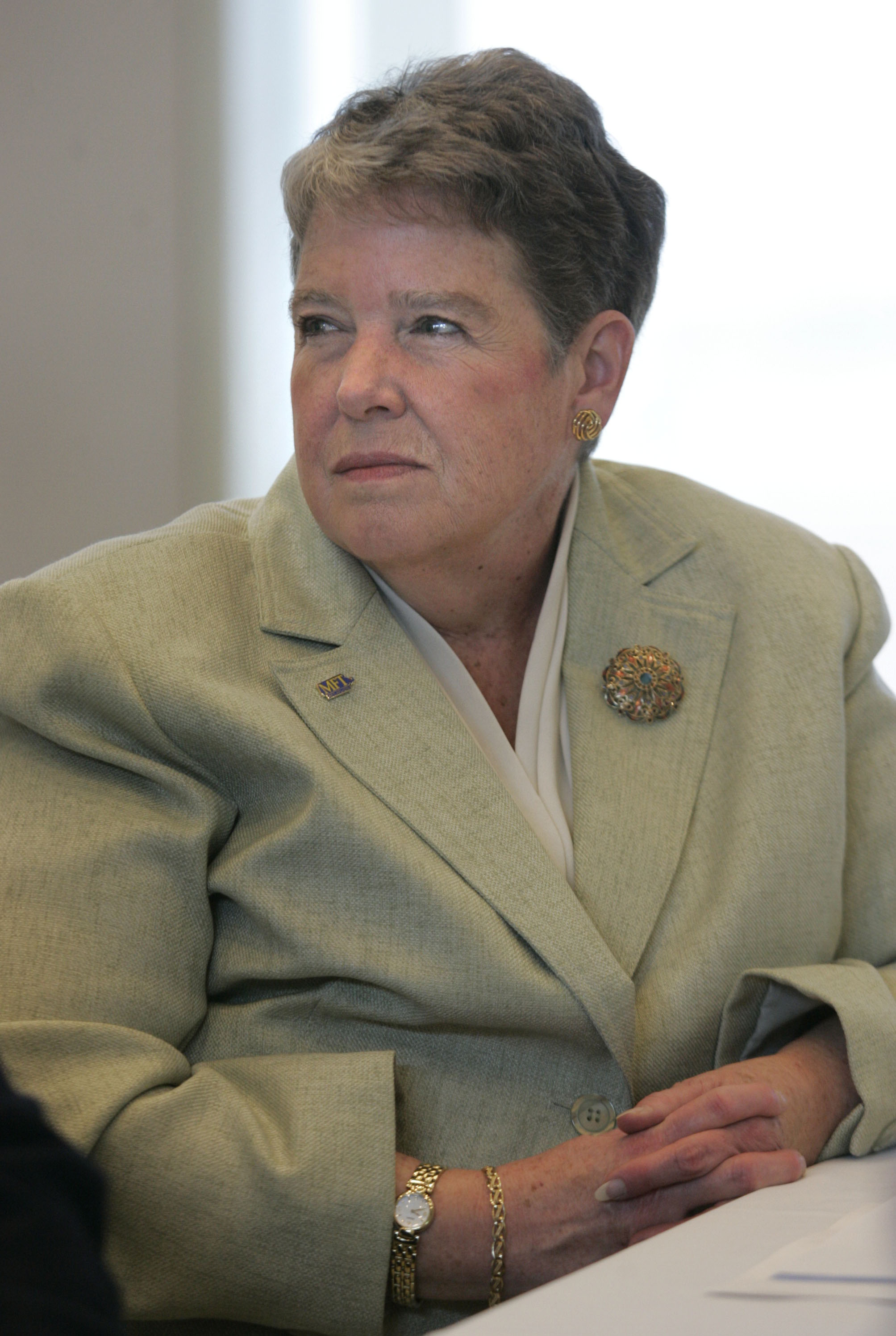 Kathleen A. Kelley, longtime head of the Massachusetts Federation of Teachers attends a board of education meeting at UMass Boston.