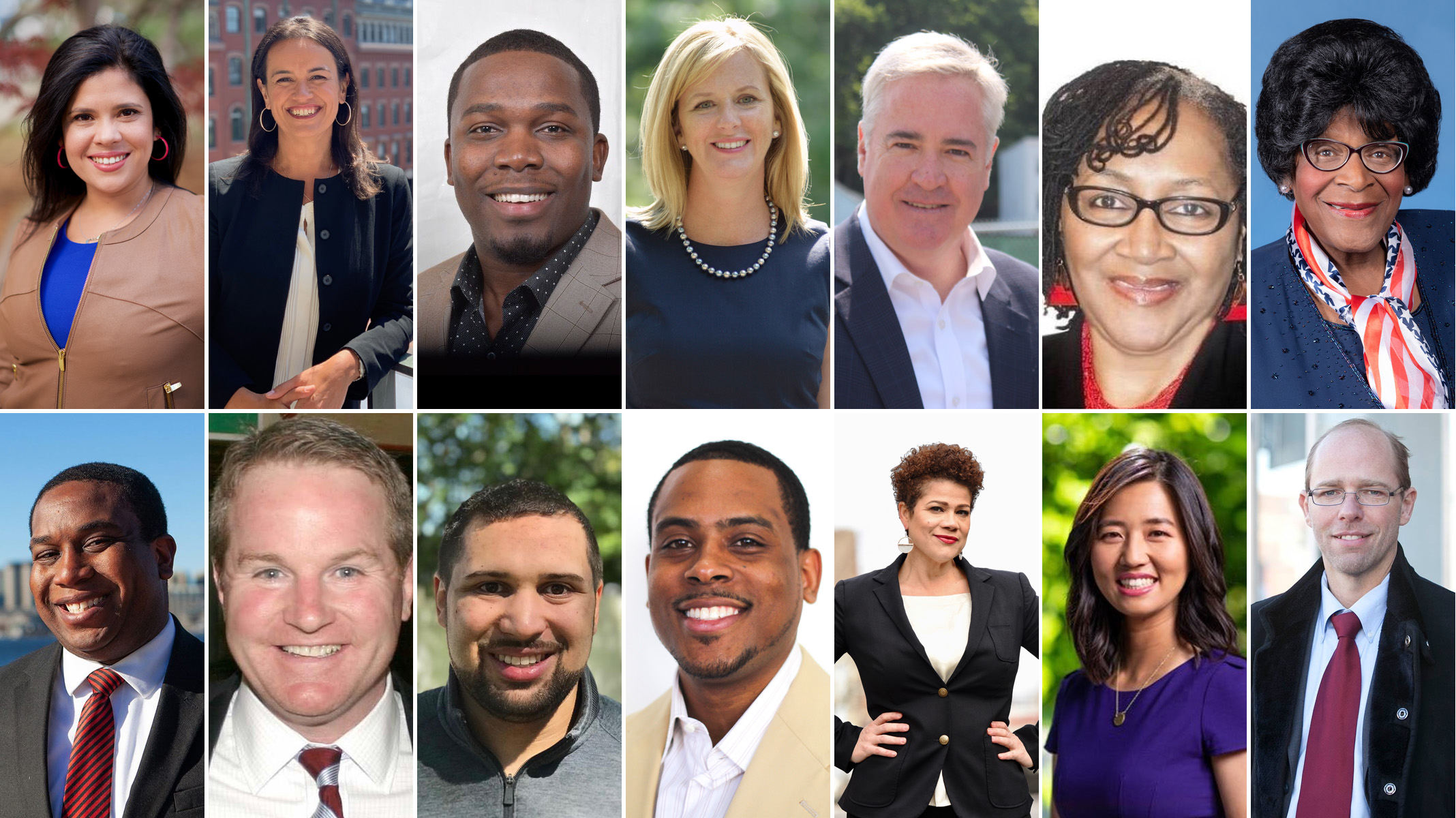 Top row, from left: Alejandra Nicole St. Guillen, Annissa Essaibi-George, Michel Denis, Erin J. Murphy, Michael F. Flaherty, Priscilla Flint-Banks, Althea Garrison. Bottom row, from left: David Halbert, Martin J. Keogh, William King, Herb A. Lozano, Julia Mejia, Michelle Wu, Jeff Ross.