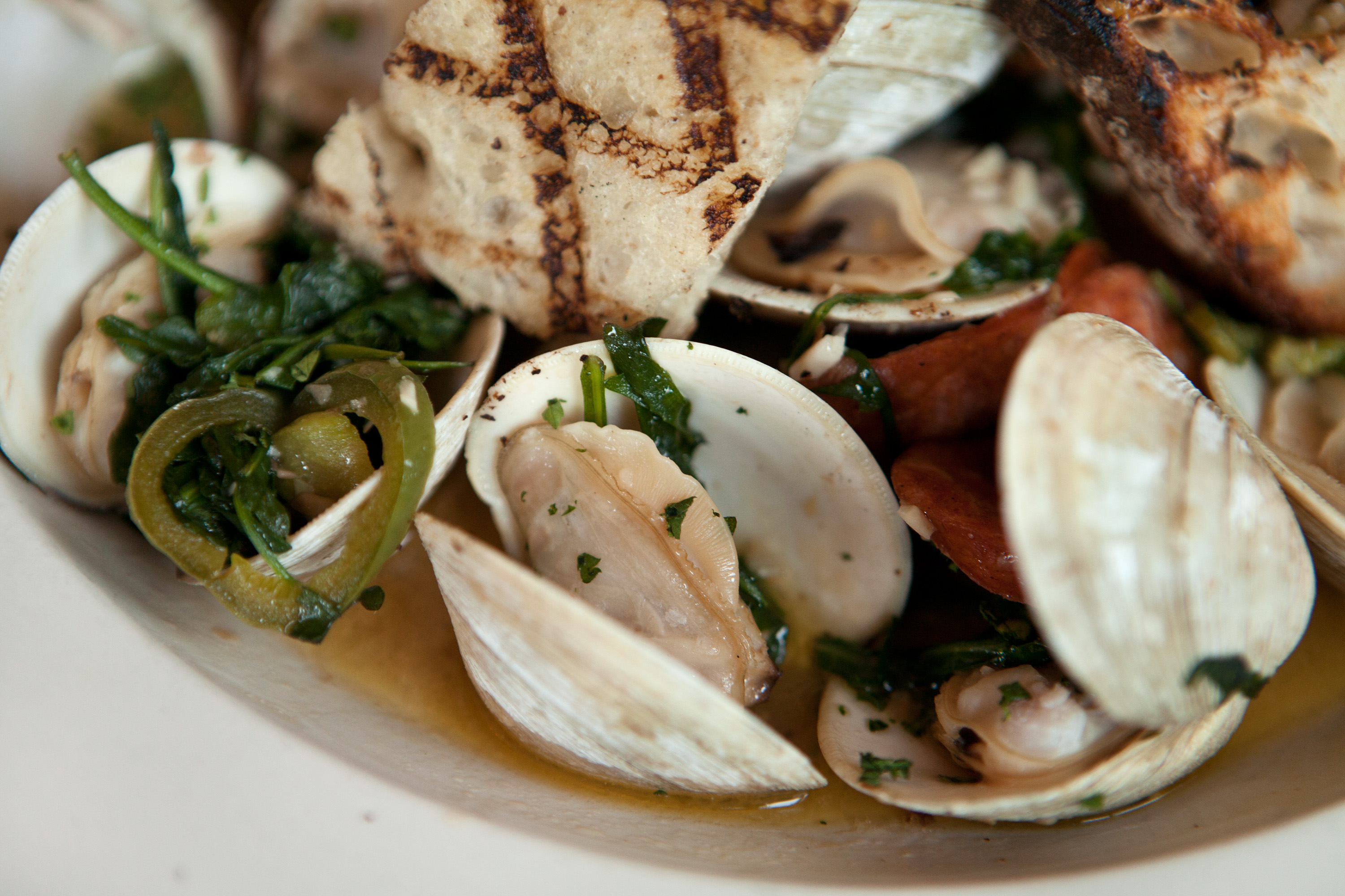 Littleneck clams are served as an appetizer at Delfino.