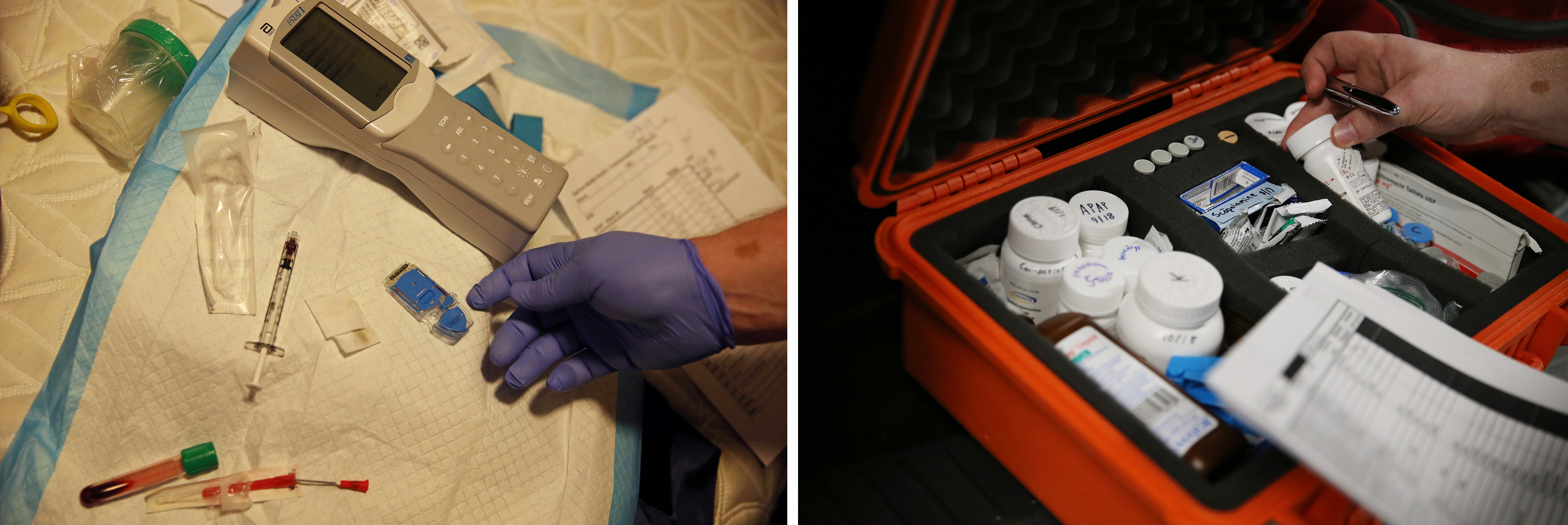 I-STAT to analyze a blood sample (left) and medications.