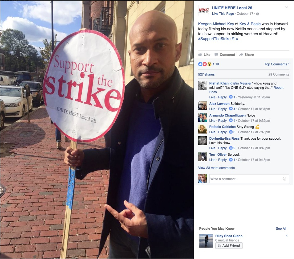 Keegan-Michael Key shows support for striking workers at Harvard.