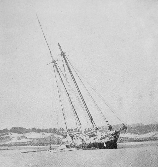 The Ada K. Damon immediately after wrecking on Crane Beach in December 1909. From "Sand Dunes and Salt Marshes" by Charles Wendell Townsend.