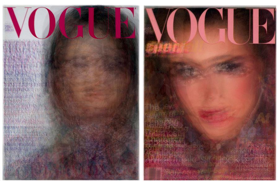 Layered transparencies of Vogue covers from the 1970 (left) and 1980 (right).