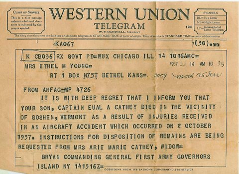 Eual Cathey was killed in 1957 while flying three Army officers to an inspection at Norwich University.