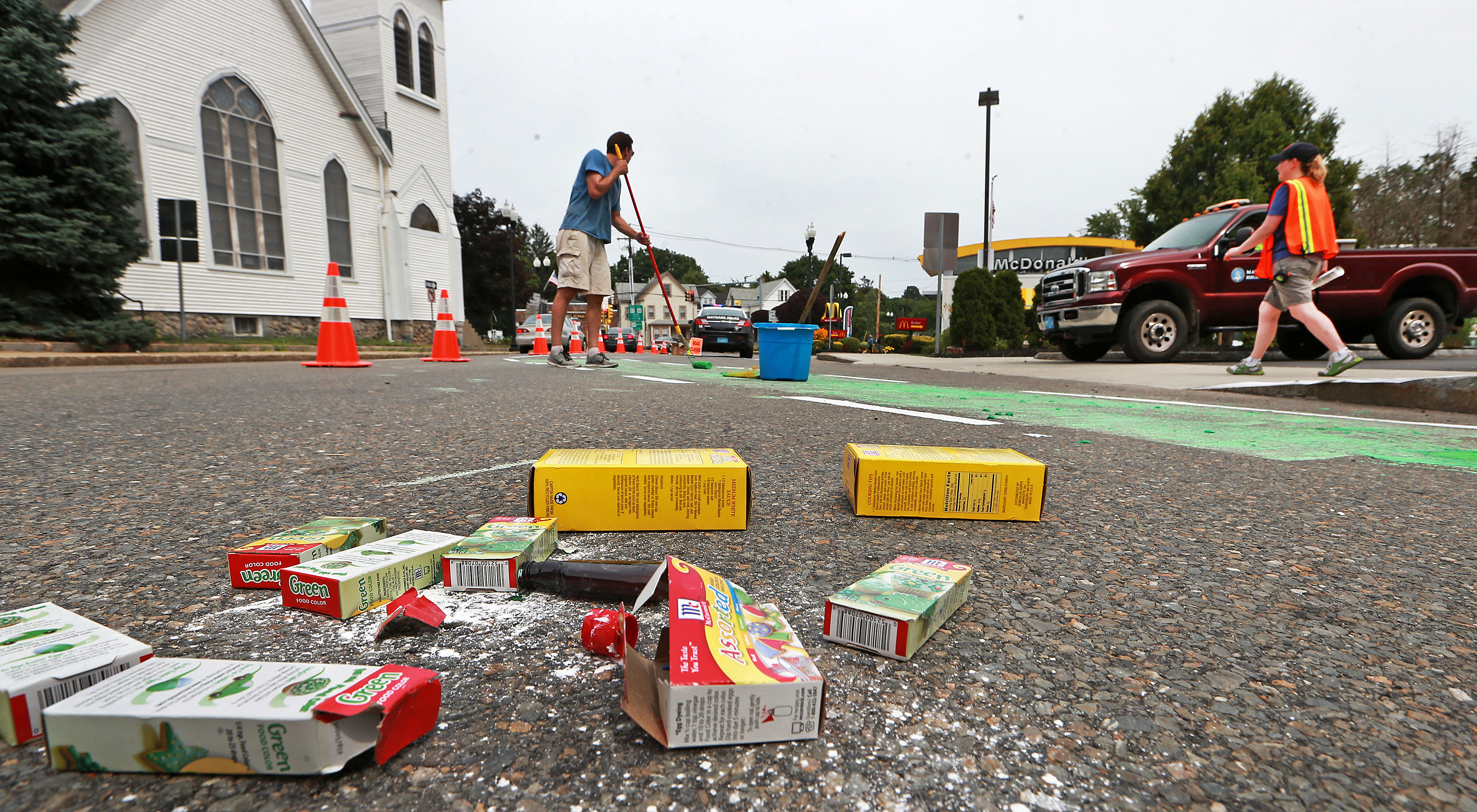 Because of the temporary nature of the project, real paint was not used to color a bike lane green. Instead, it was a mixture of corn starch and food coloring.