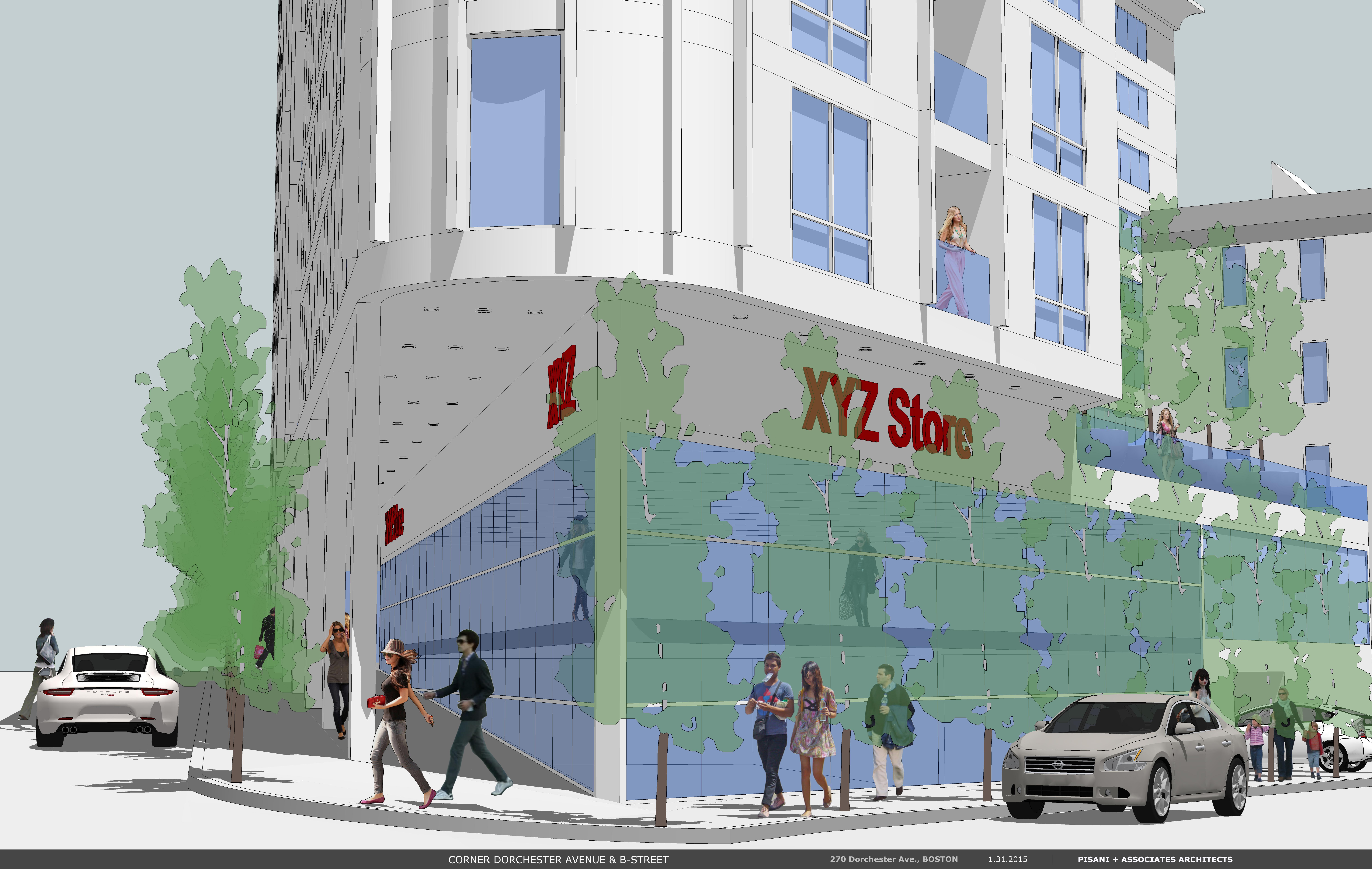 A rendering of the development, as pictured at street level.