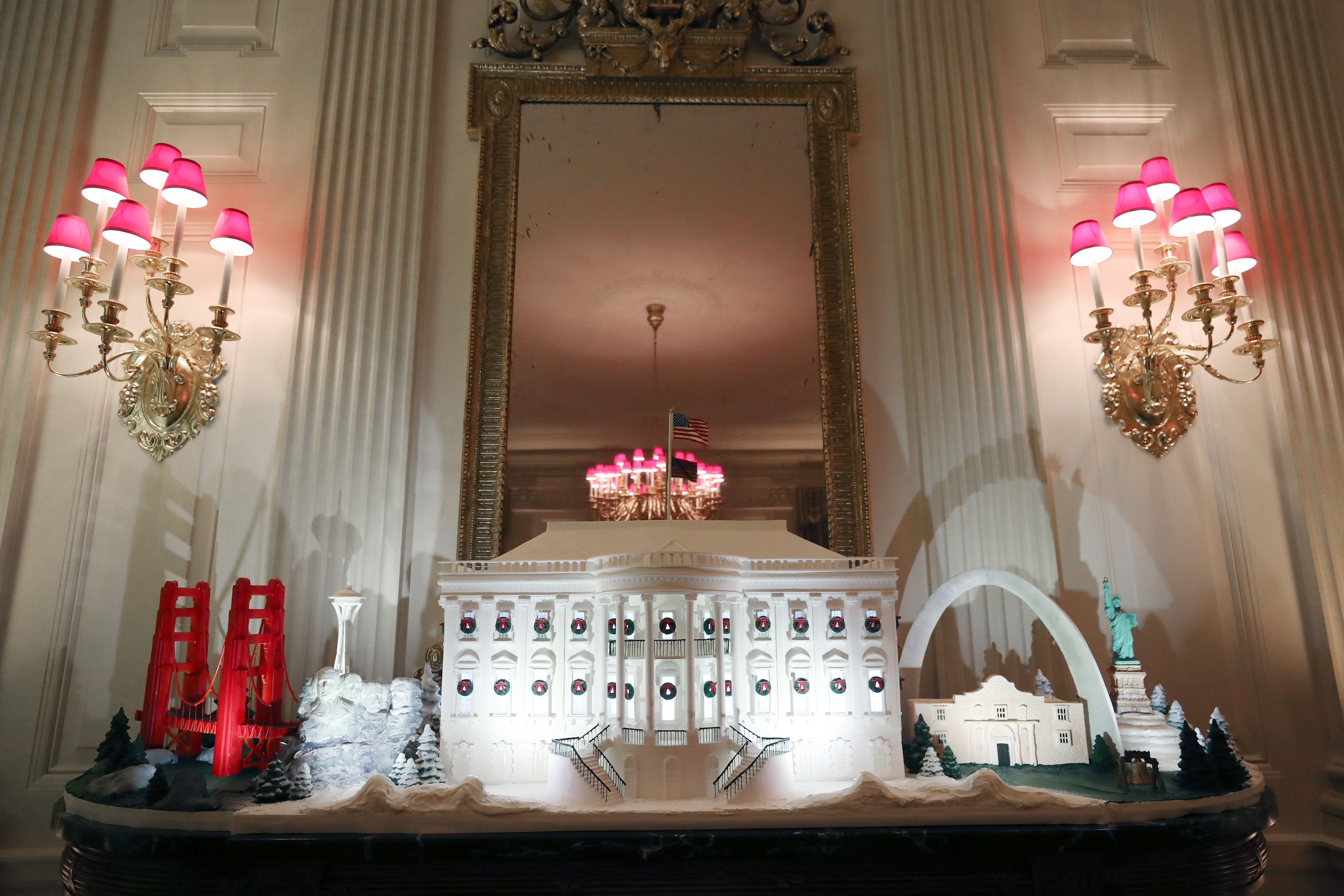 US landmarks surrounded the Ginger Bread White House in the State Dining Room.