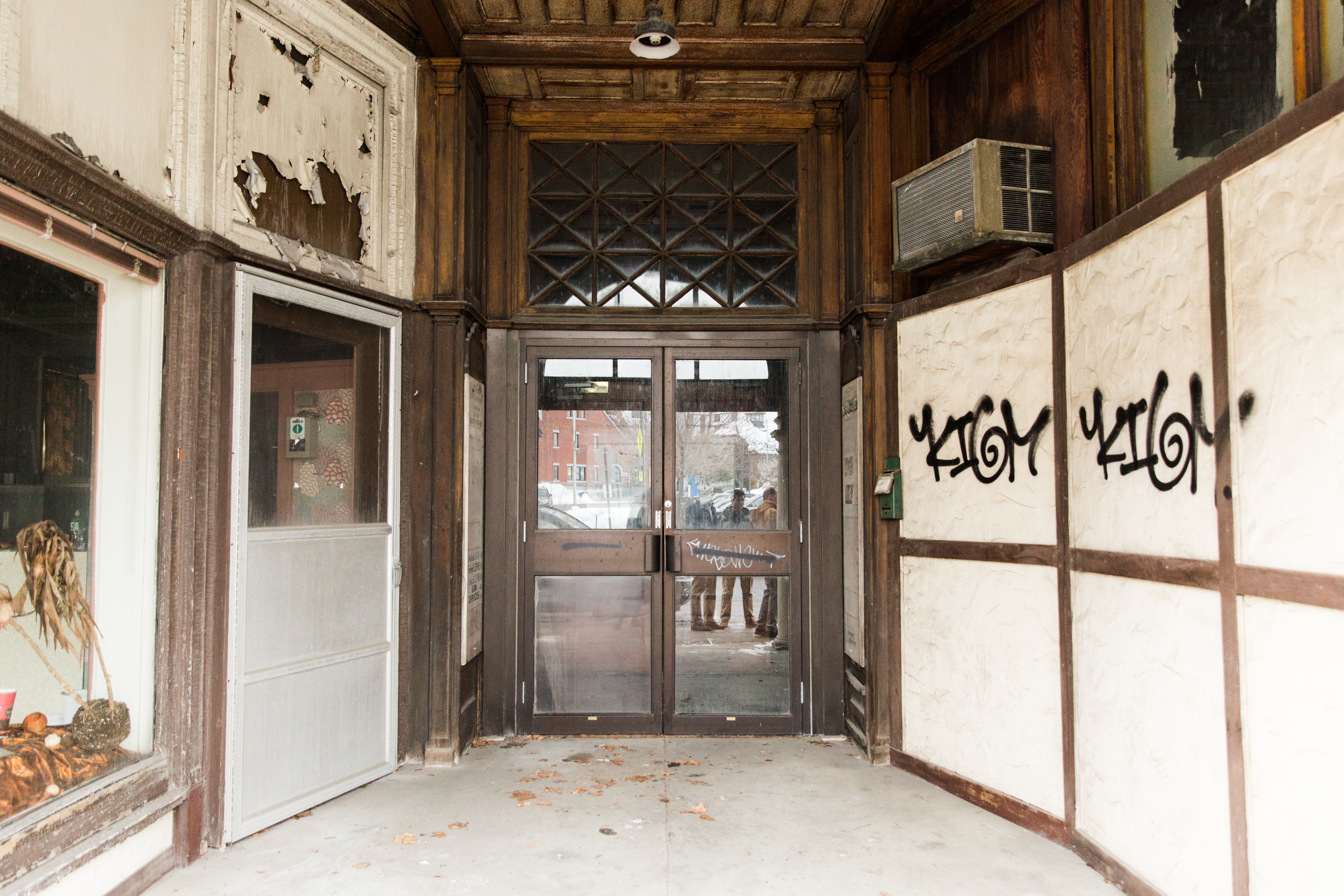 The crumbling facade of the Hains Building, which was recently purchased by Colby College.