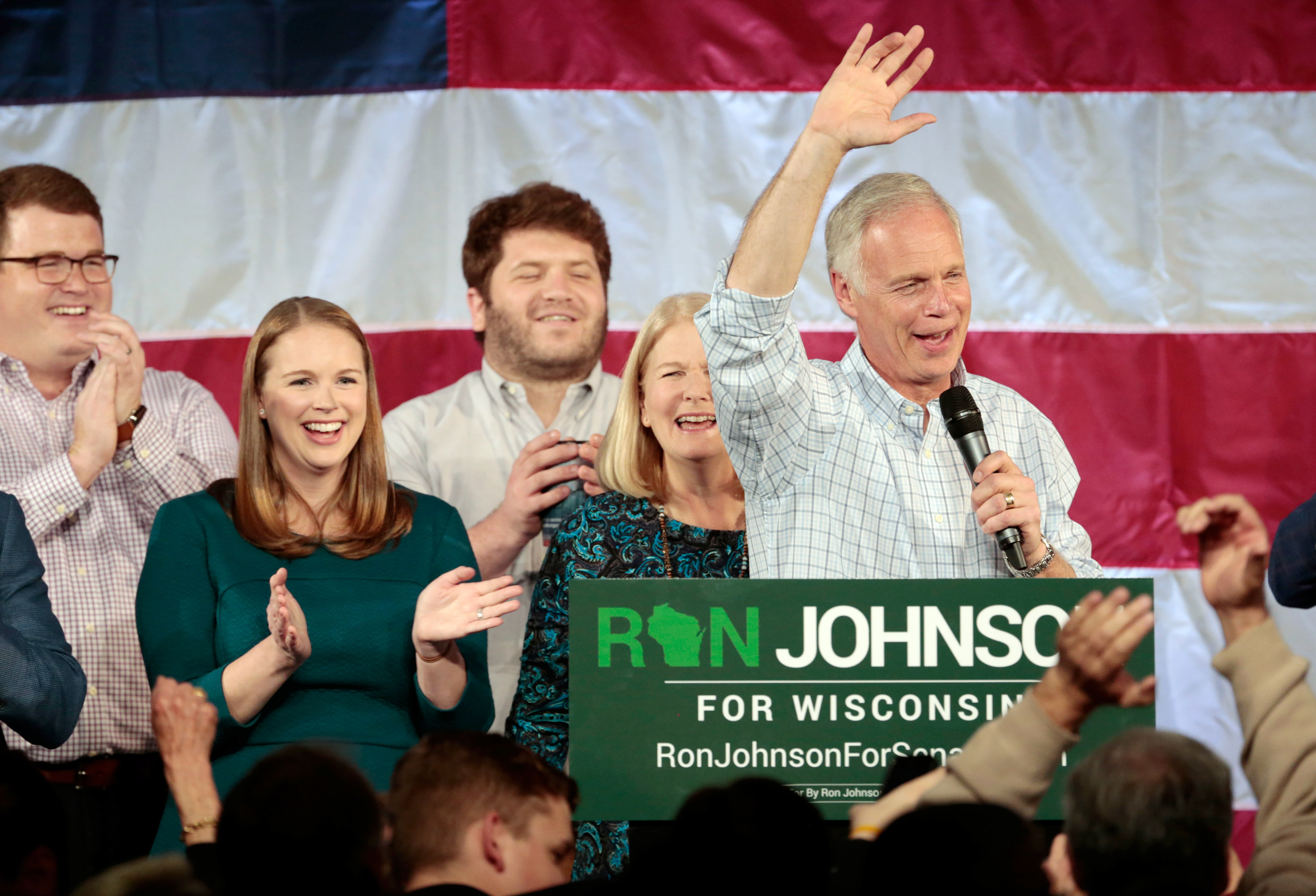 Surrounded by family members, US Senator Ron Johnson spoke at his election night party at the Oshkosh Convention Center.