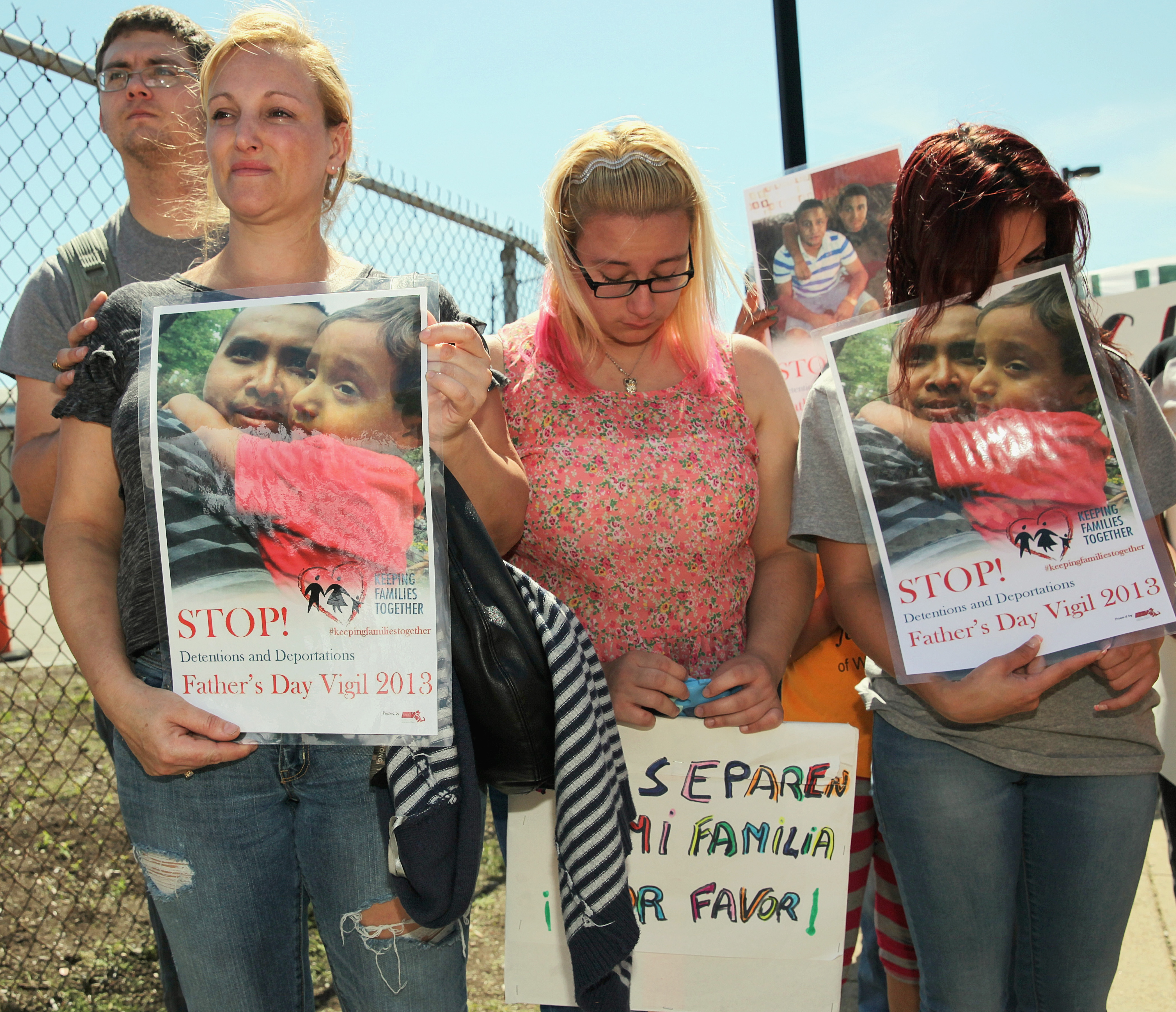 Norma Velazquez, her daughters, and Miguel Leal protested immigration policies at the Suffolk County jail.