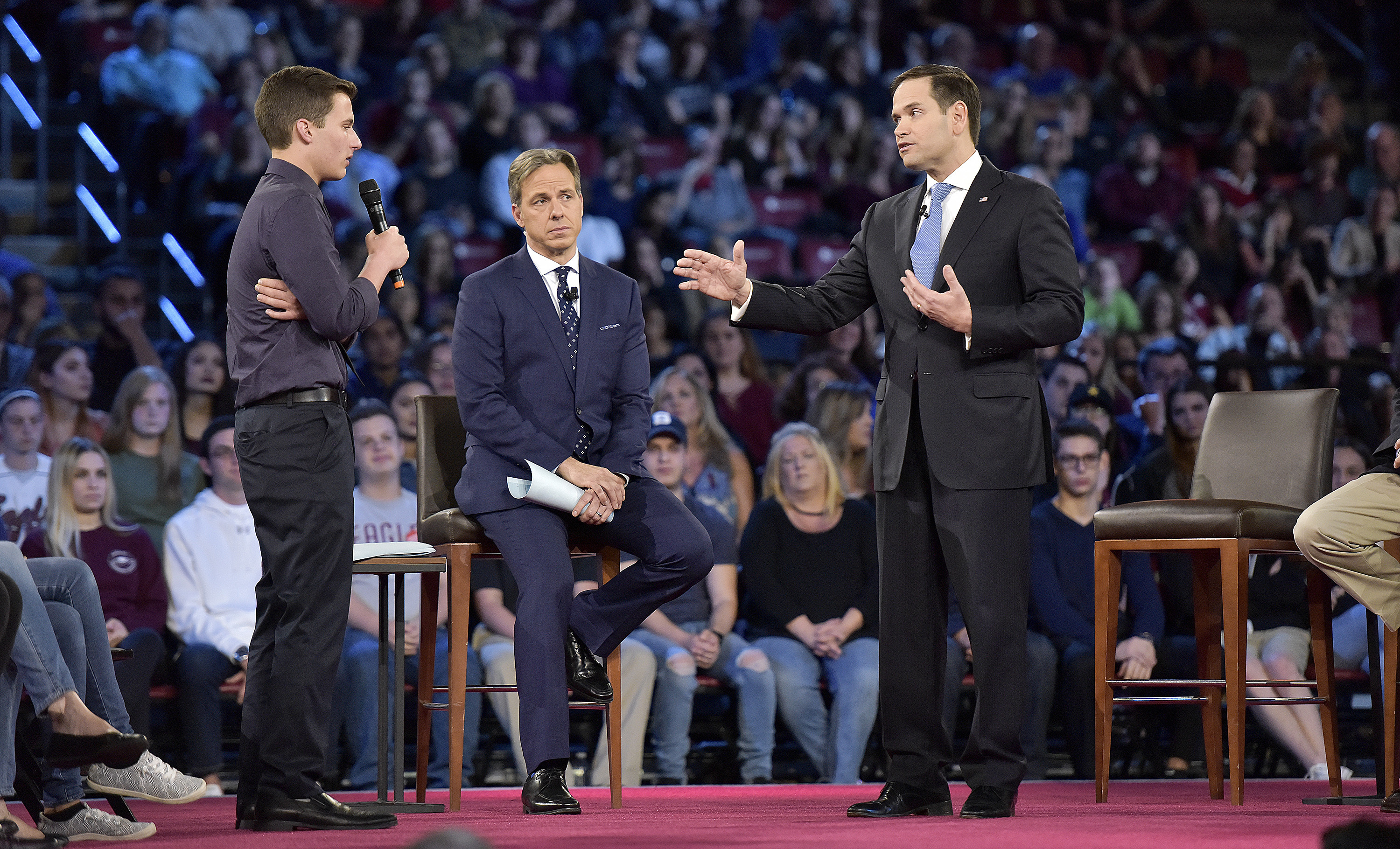 Cameron Kasky asks a question to Sen. Marco Rubio during a CNN town hall meeting.