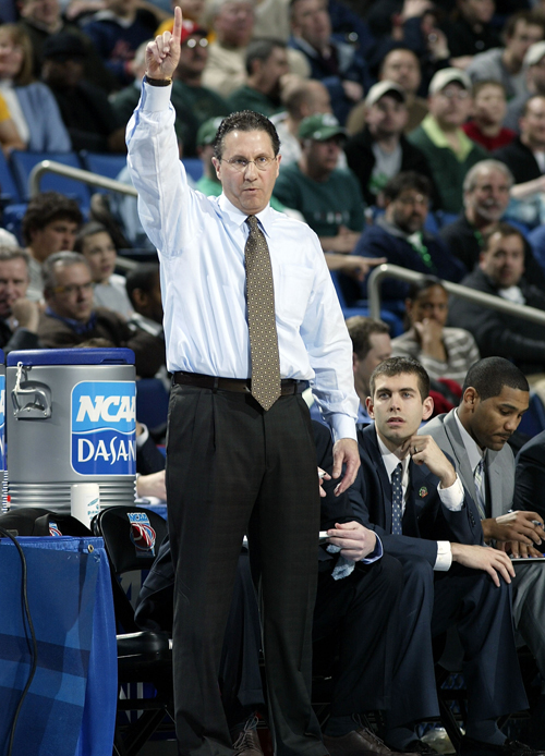 “The guy who gets the least amount of credit is Todd Lickliter. From my perspective, there’s no way I’d be where I am without him,” said Brad Stevens, (second from right), on Lickliter (left, shown coaching Butler during a 2007 NCAA Tournament game).