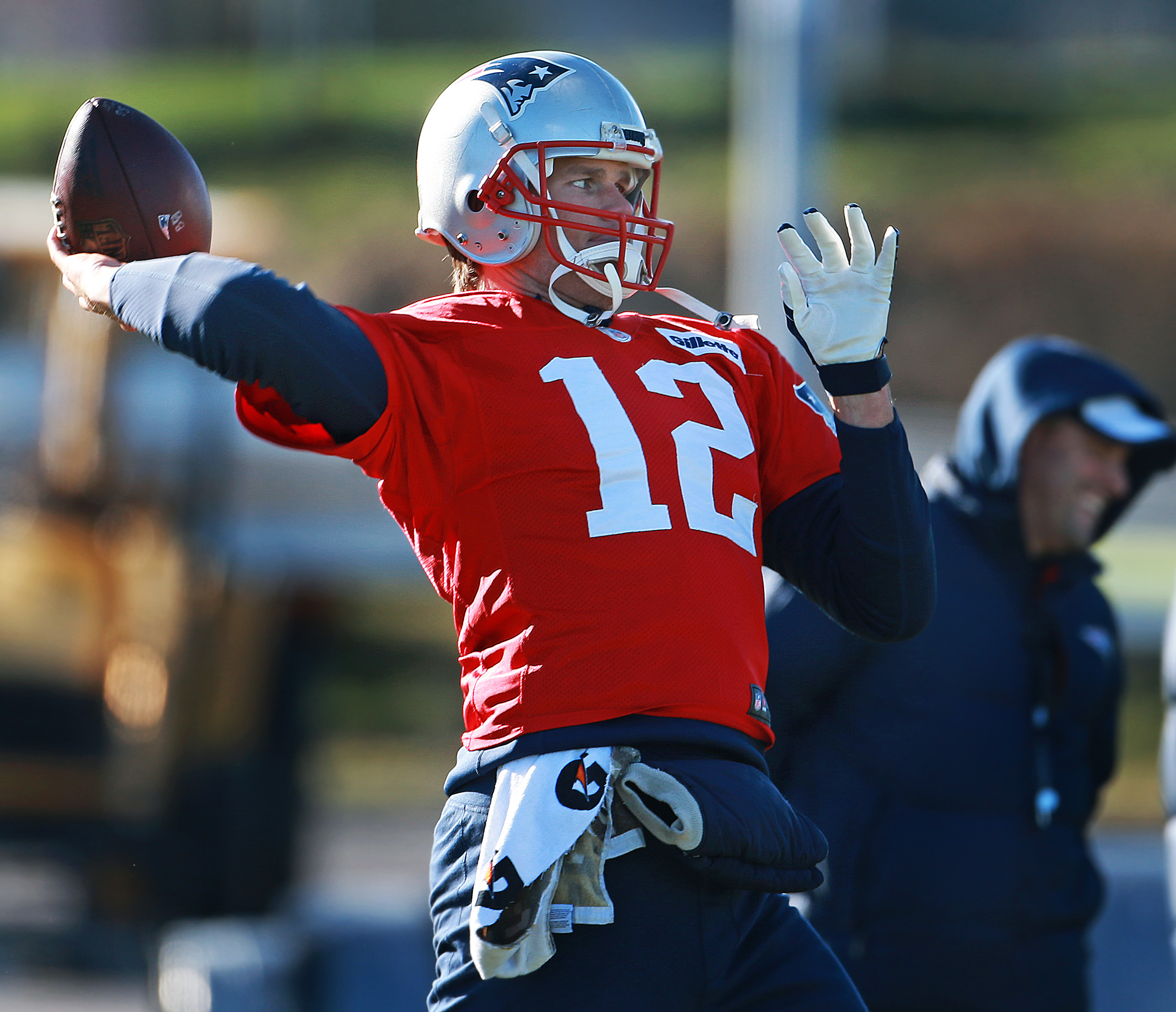 Patriots quarterback Tom Brady was in fine form — without the aid of caffeine — during Monday’s practice at Gillette Stadium.